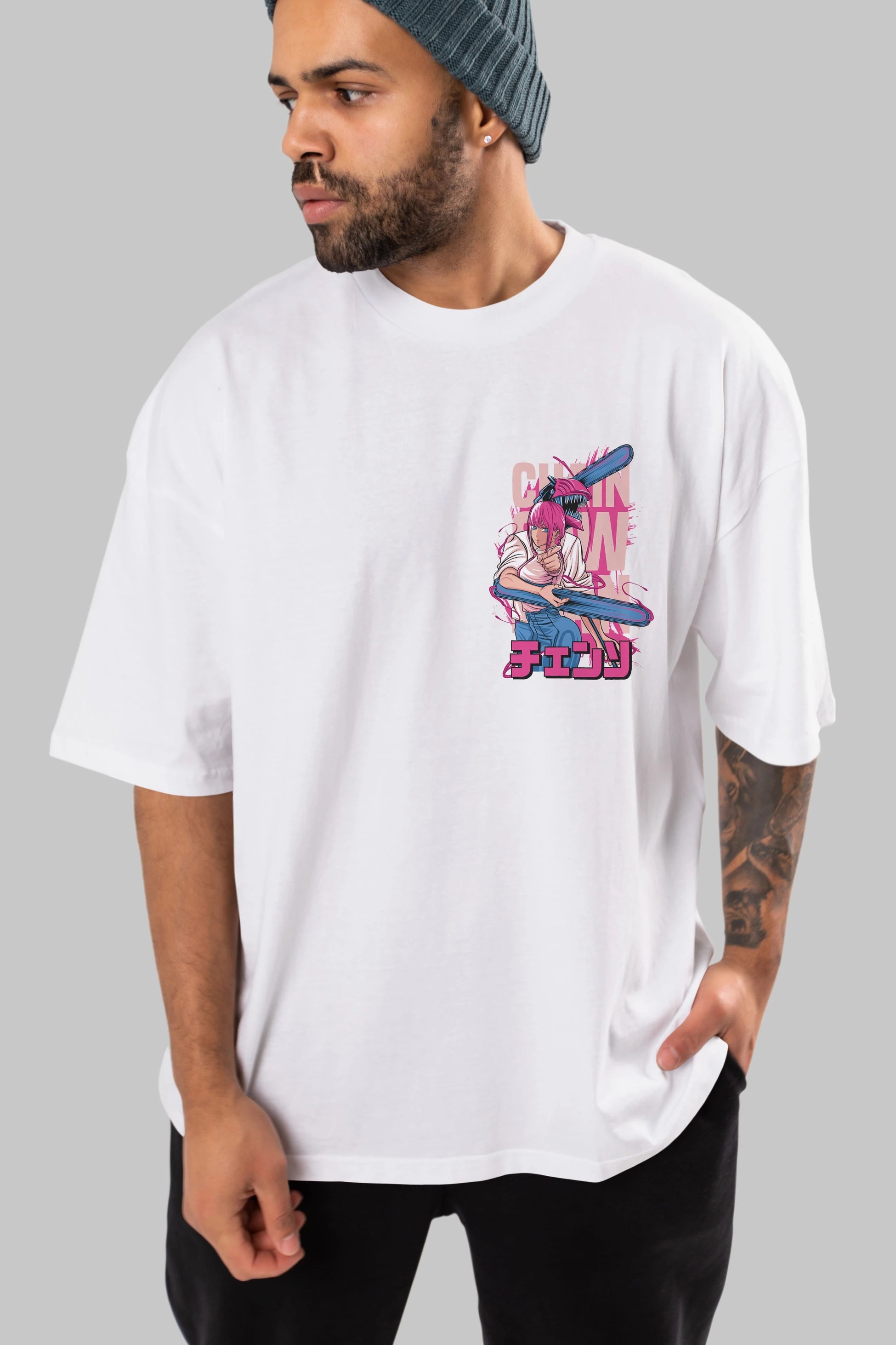 DENJI and MAKIMA Ön Sol Baskılı Oversize t-shirt Erkek Kadın Unisex %100 Pamuk Bisiklet Yaka tişort