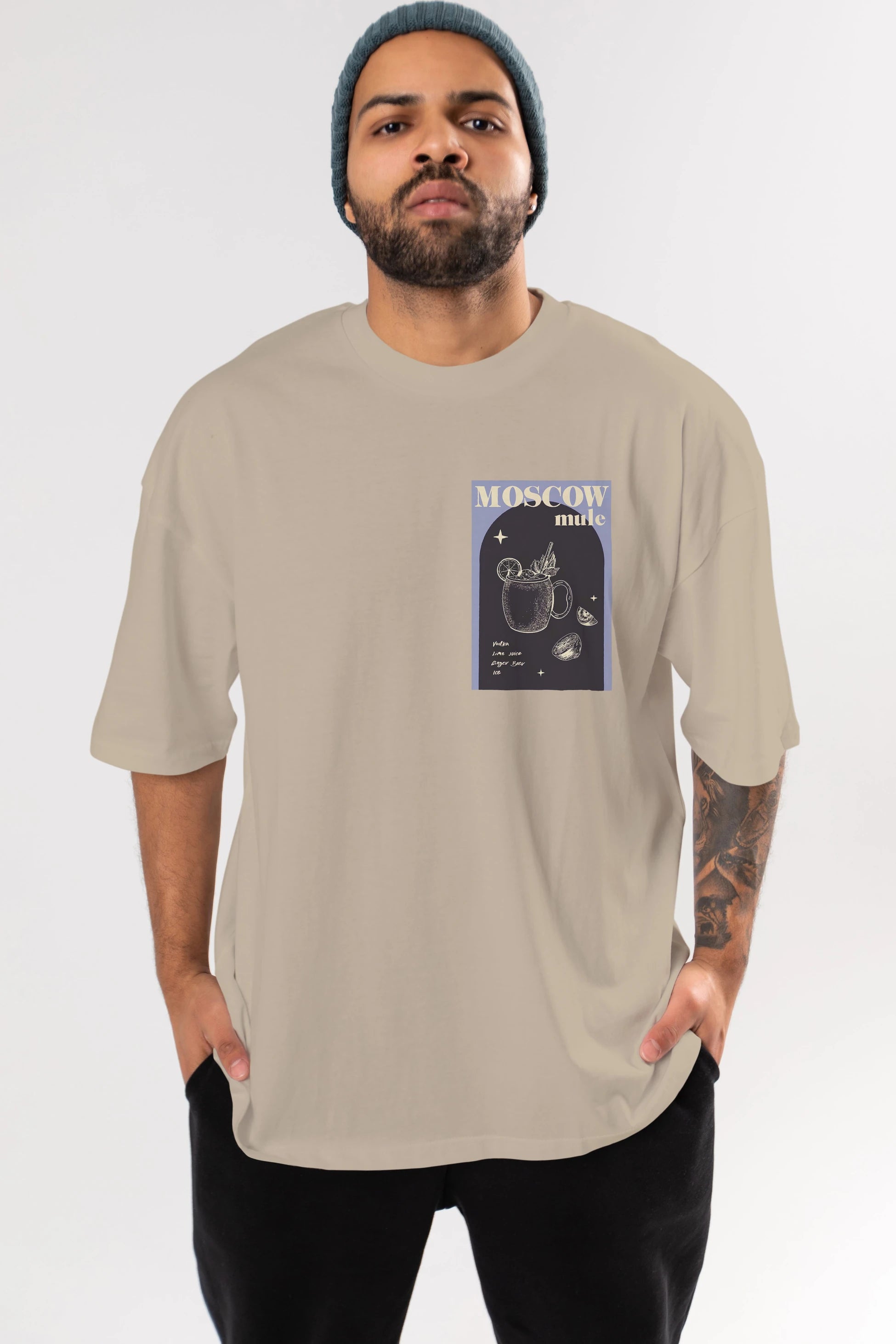 Moscow Mule Ön Sol Baskılı Oversize t-shirt Erkek Kadın Unisex %100 Pamuk Bisiklet Yaka tişort