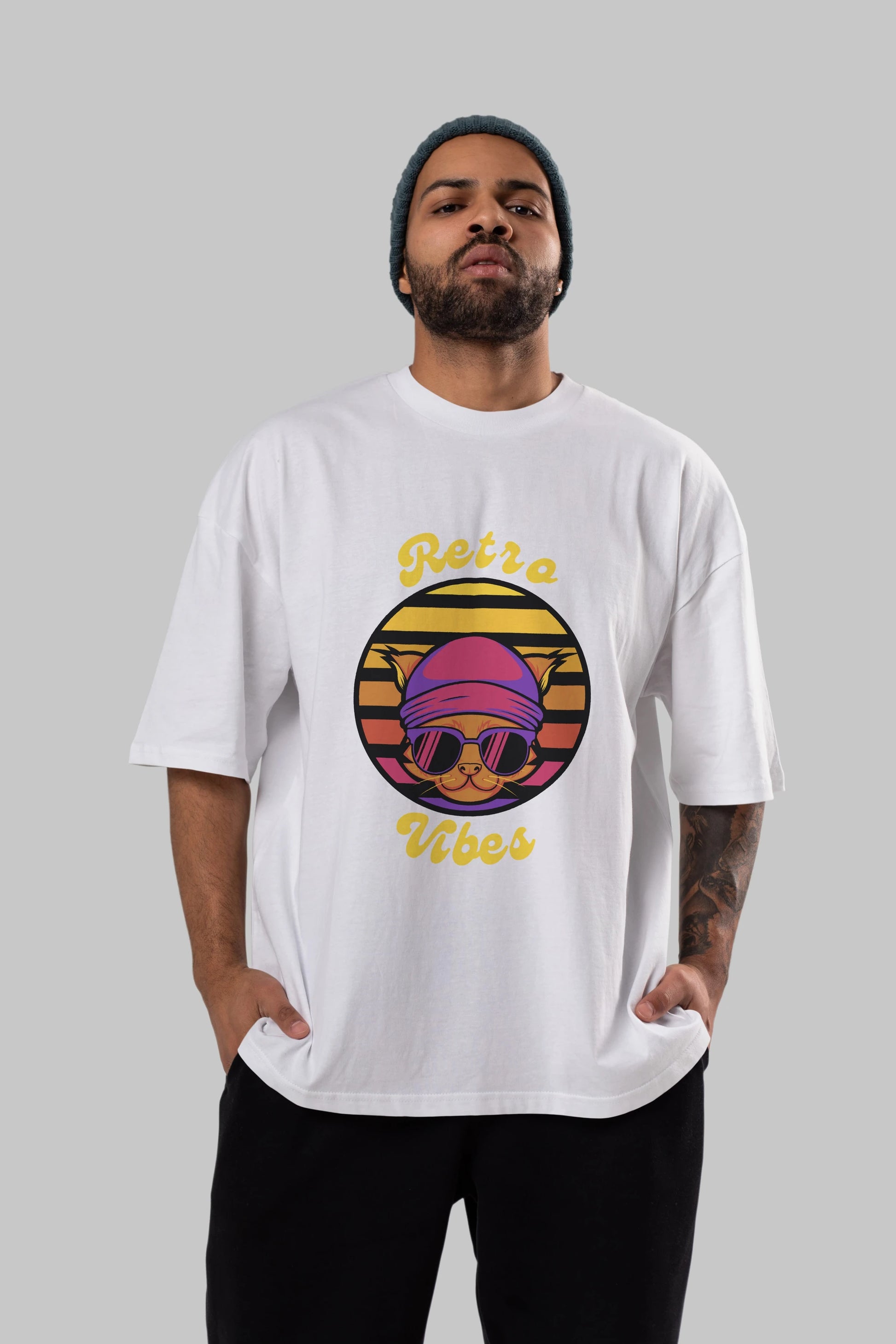 Cat Retro Vibes Ön Baskılı Oversize t-shirt Erkek Kadın Unisex