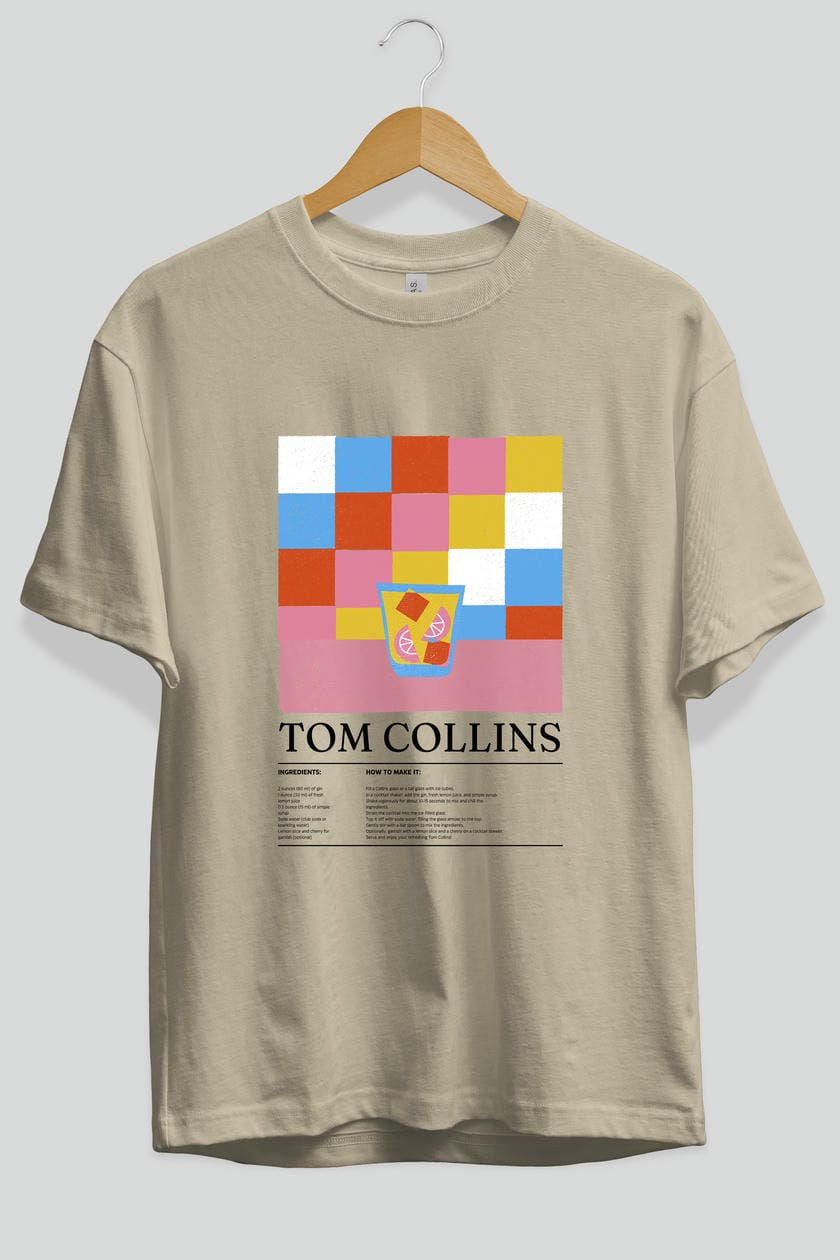 Tom Collins Kokteyl Ön Baskılı Oversize t-shirt Erkek Kadın %100 Pamuk Bisiklet Yaka tişort
