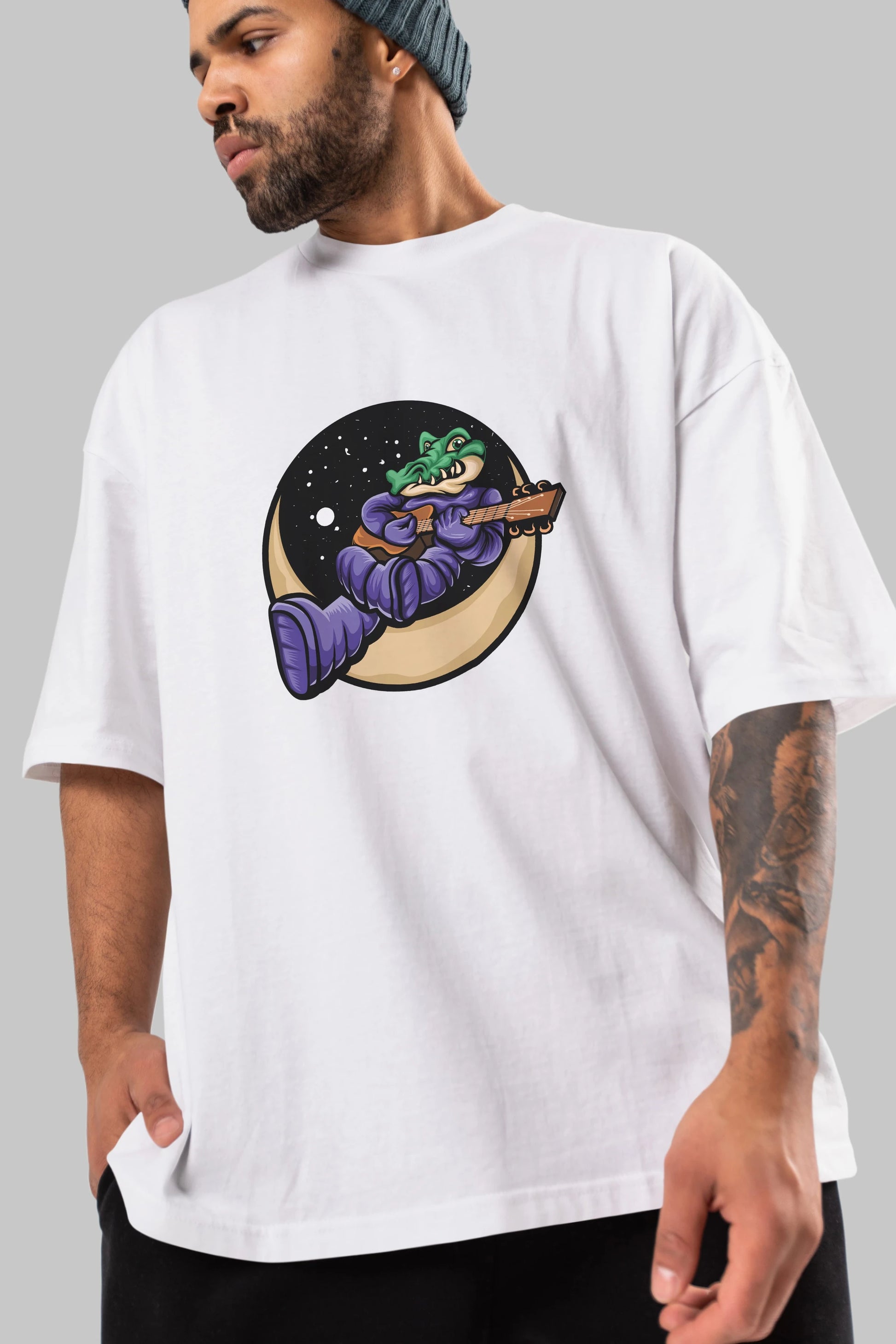 Space Crocodile Ön Baskılı Oversize t-shirt Erkek Kadın Unisex