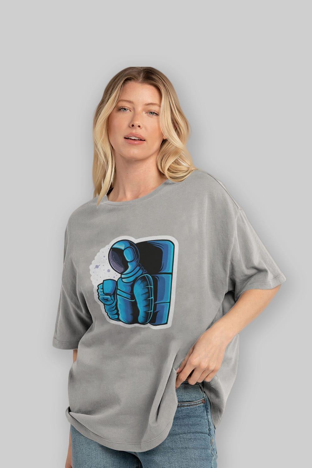 Drinking coffee in space sticker Ön Baskılı Oversize t-shirt Erkek Kadın Unisex
