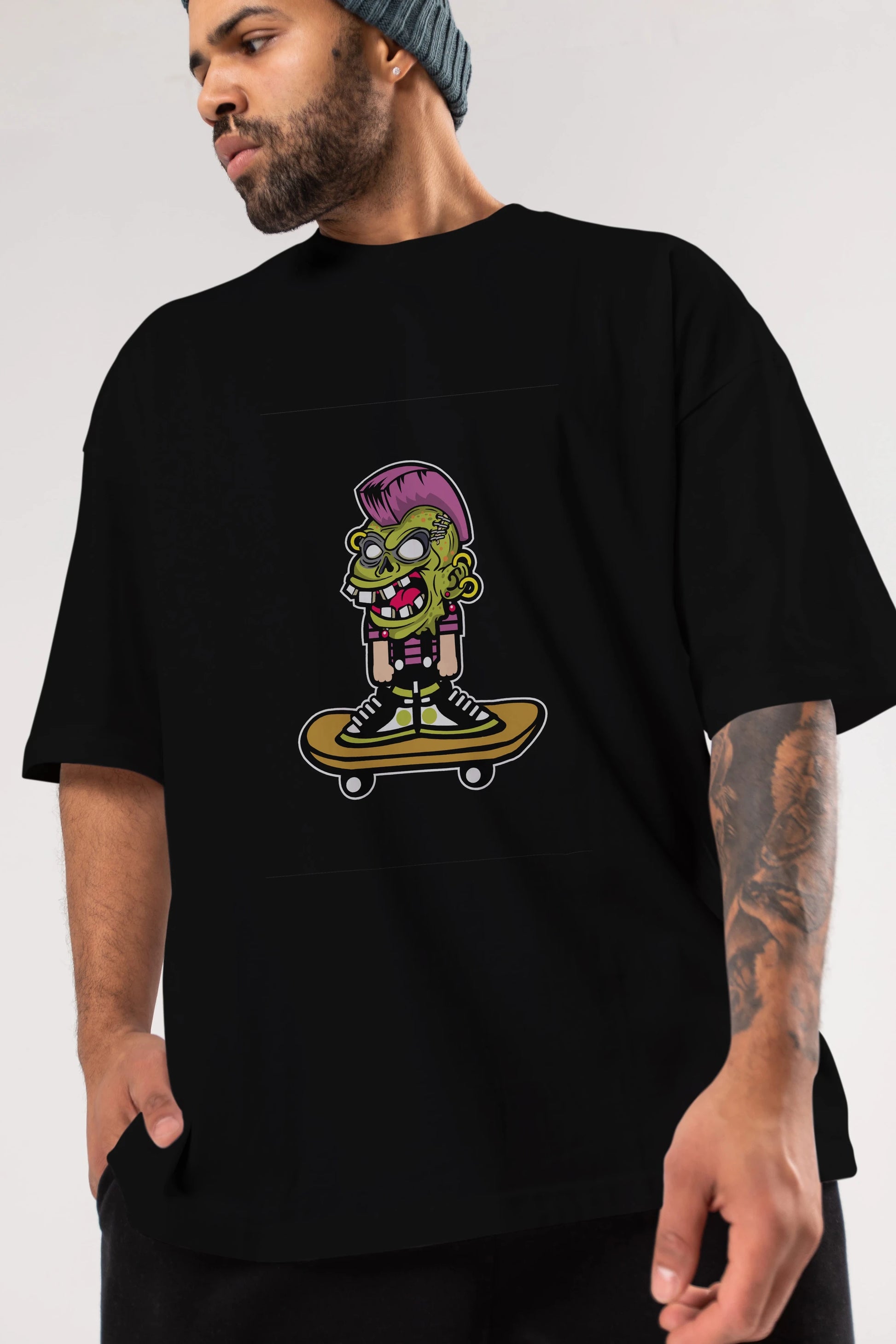 Zombie Punk Skater Ön Baskılı Oversize t-shirt Erkek Kadın Unisex %100 Pamuk tişort