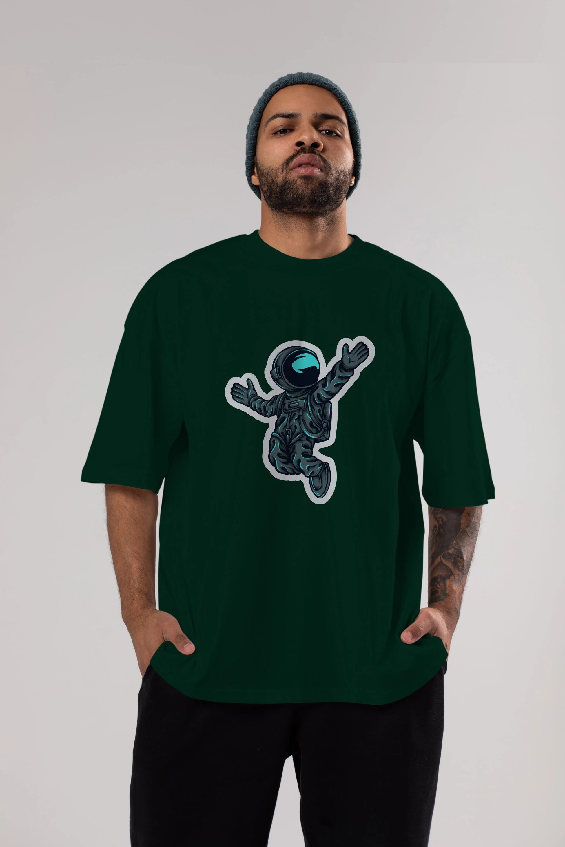 Happy Astronaut Sticker Ön Baskılı Oversize t-shirt Erkek Kadın Unisex