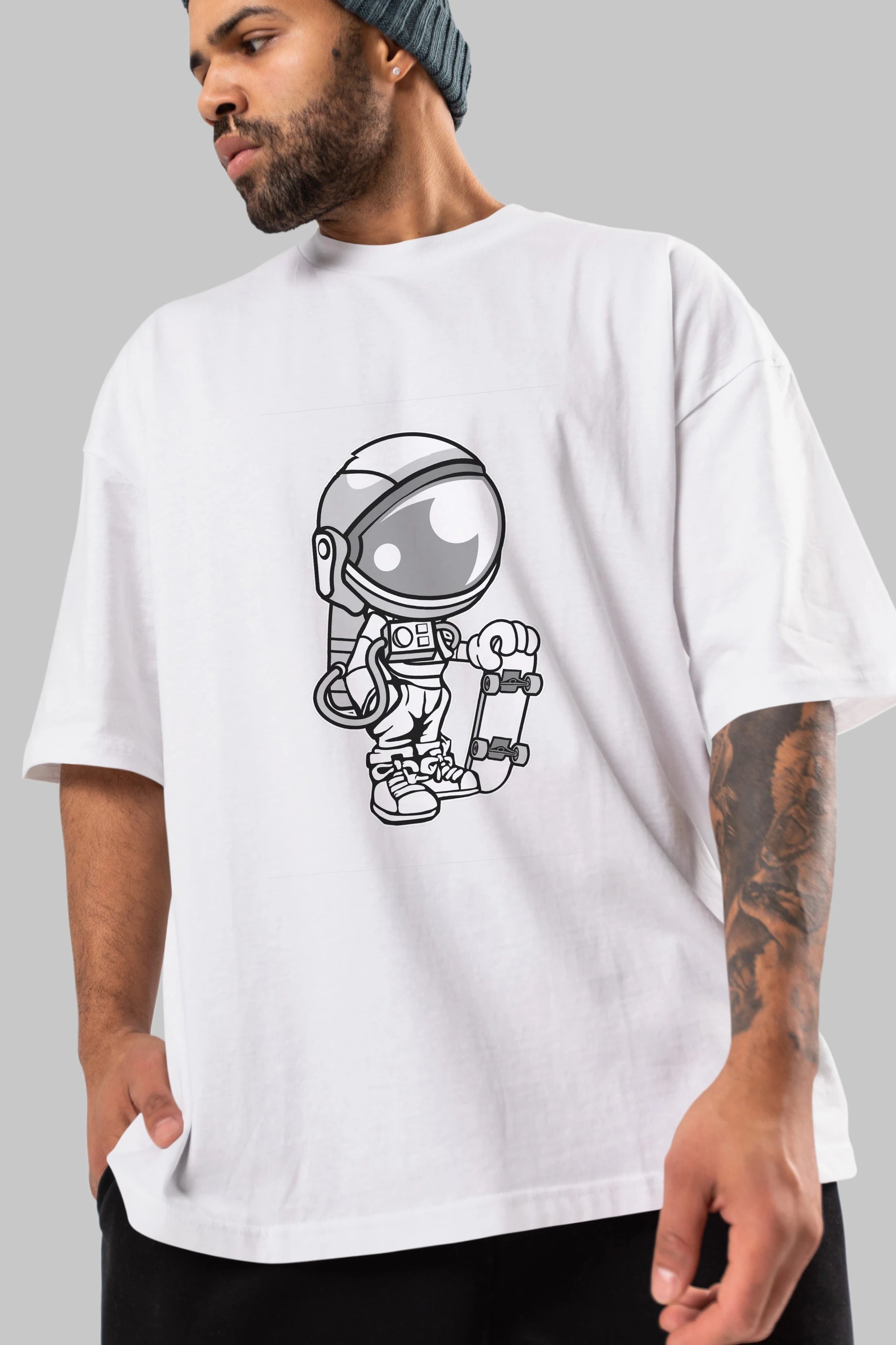 Astronaut Skaterboy Ön Baskılı Oversize t-shirt Erkek Kadın Unisex %100 Pamuk tişort