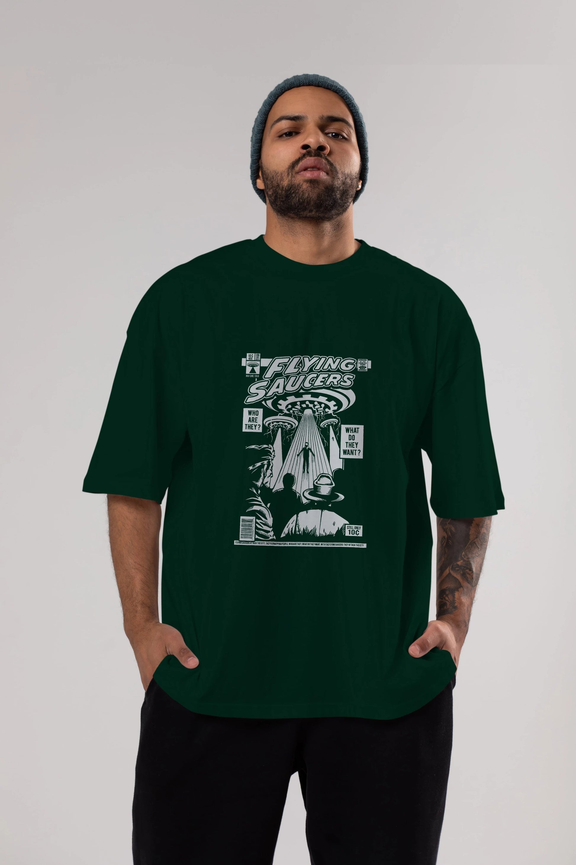 UFO Ön Baskılı Oversize t-shirt Erkek Kadın Unisex %100 Pamuk tişort