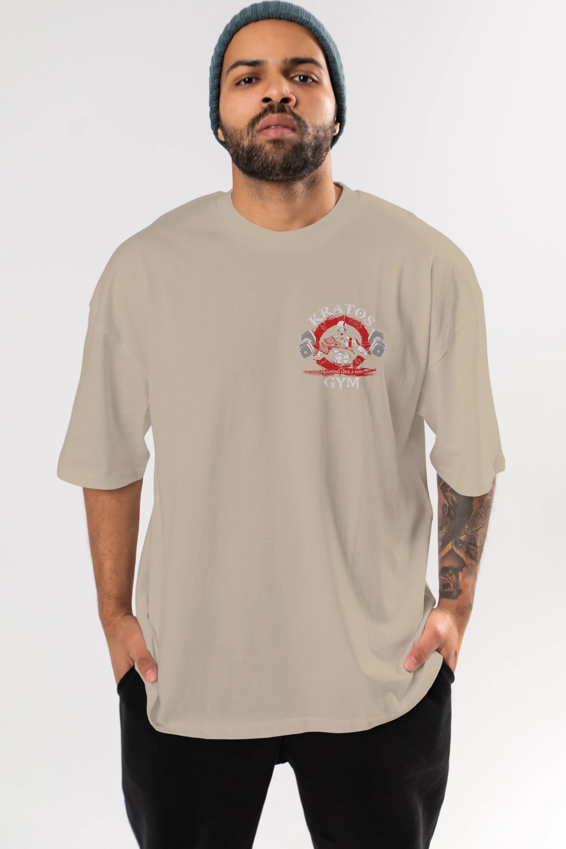 Kratos GYM Ön Sol Baskılı Oversize t-shirt Erkek Kadın Unisex %100 Pamuk Bisiklet Yaka tişort