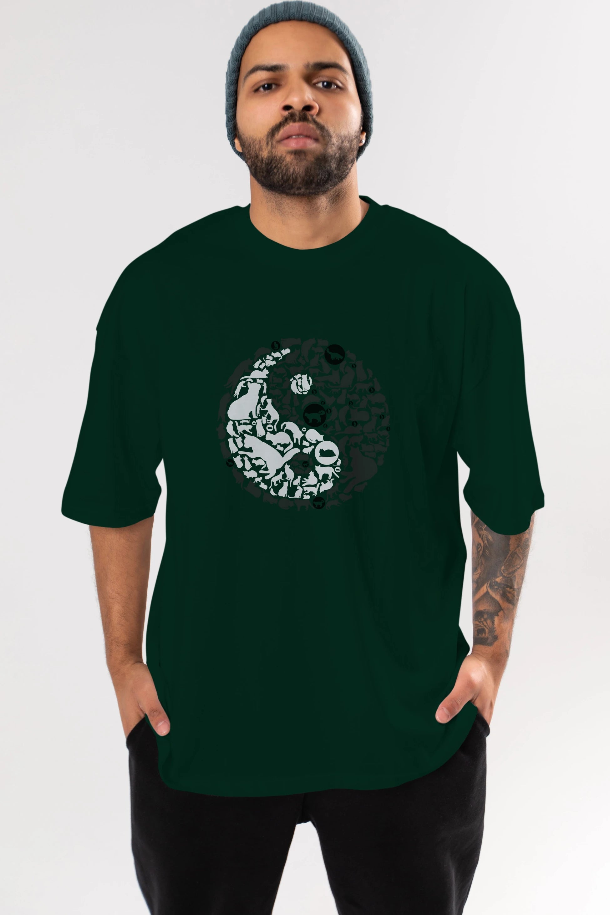 YinYang Cats Ön Baskılı Oversize t-shirt %100 pamuk Erkek Kadın Unisex