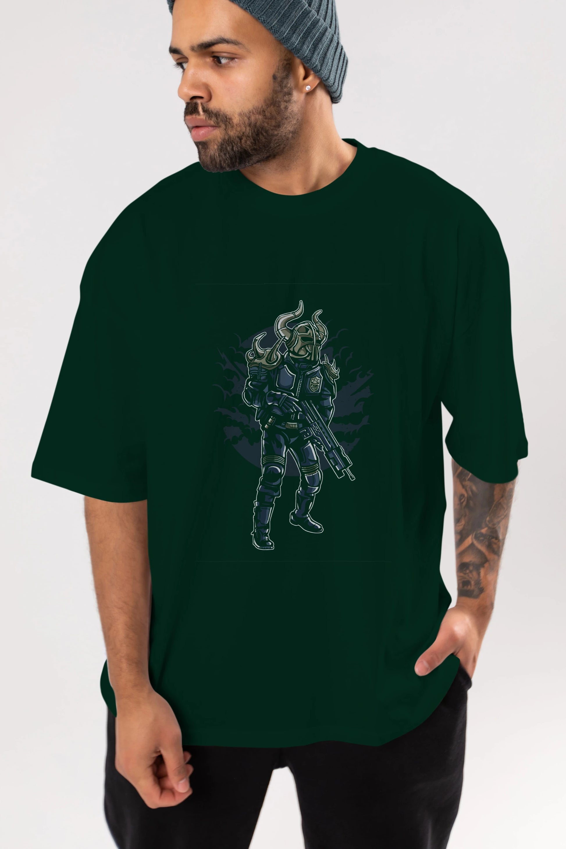 Viking Soldier Ön Baskılı Oversize t-shirt Erkek Kadın Unisex %100 Pamuk tişort