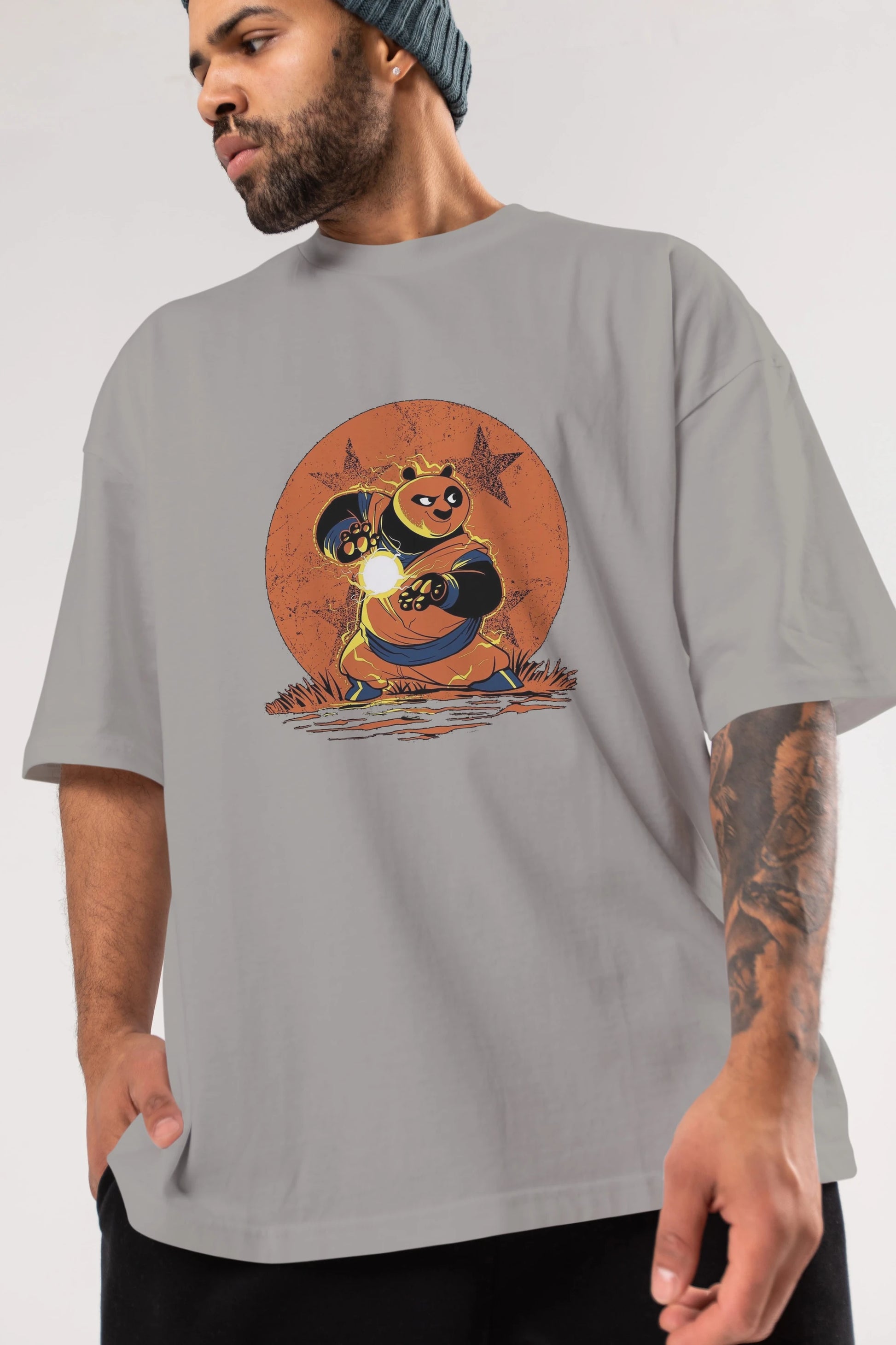Kung Fu Panda Ön Baskılı Oversize t-shirt Erkek Kadın Unisex %100 Pamuk Bisiklet Yaka tişort