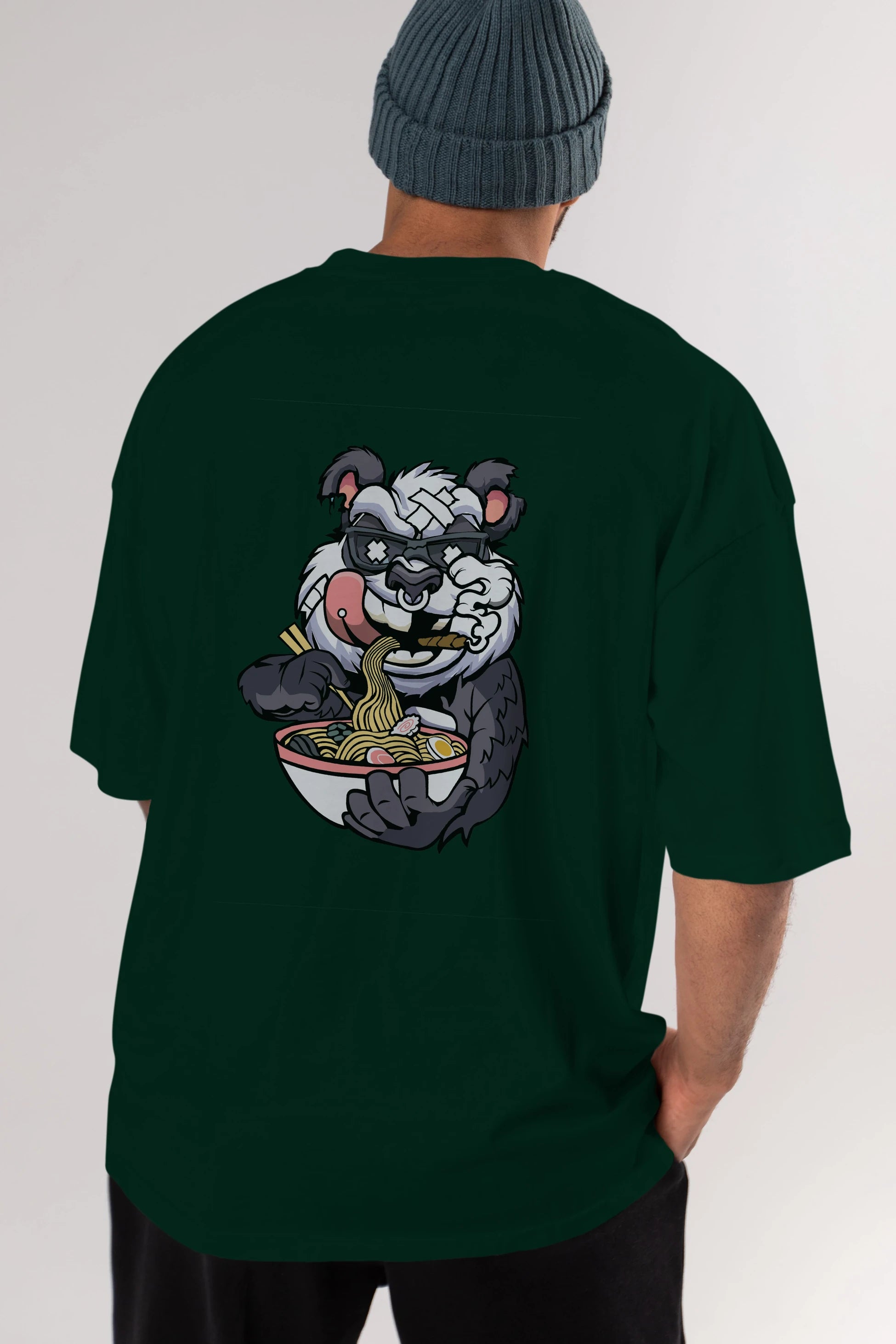 Panda Ramen Arka Baskılı Oversize t-shirt Erkek Kadın Unisex %100 Pamuk tişort