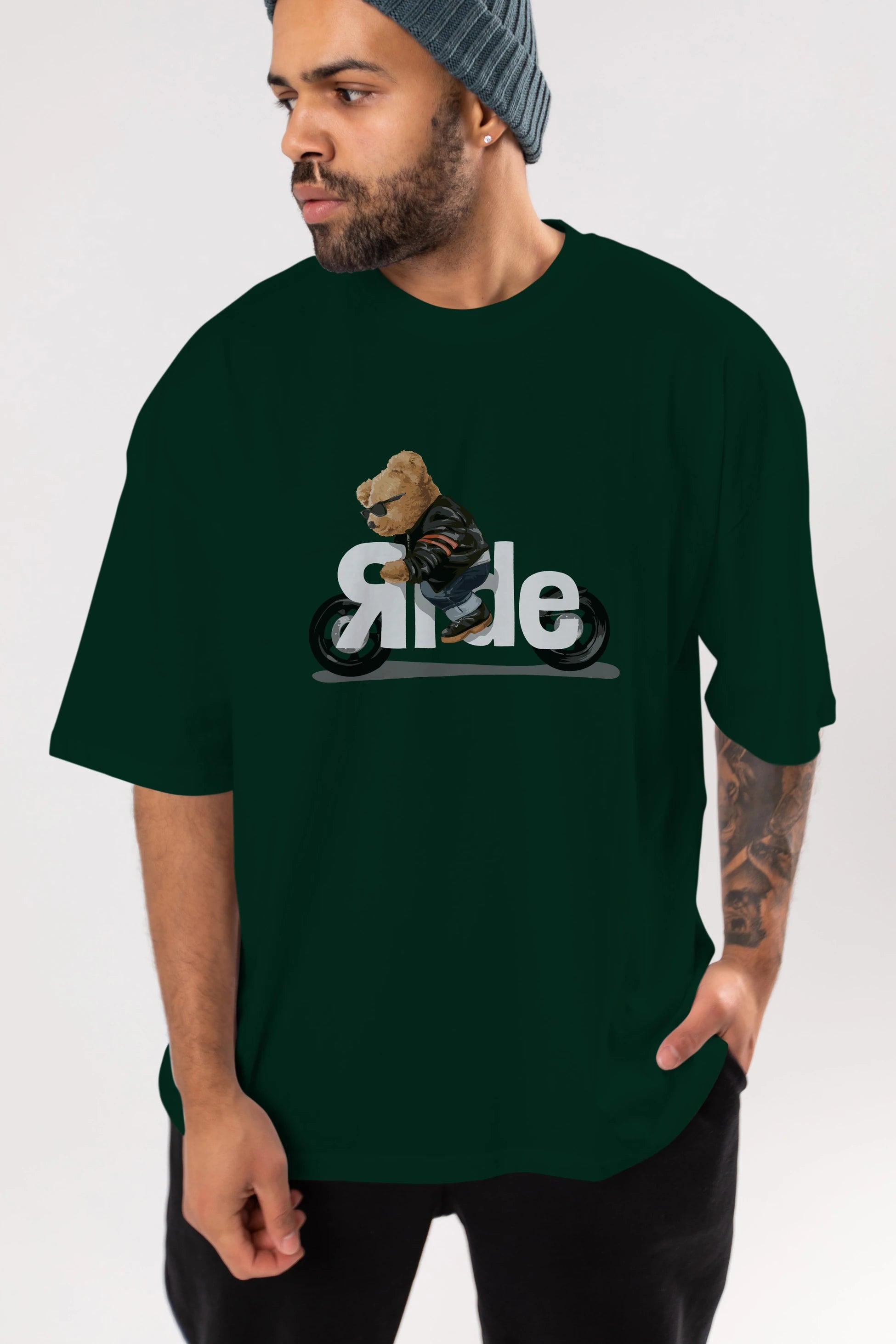 Teddy Bear Ride Ön Baskılı Oversize t-shirt Erkek Kadın Unisex %100 Pamuk