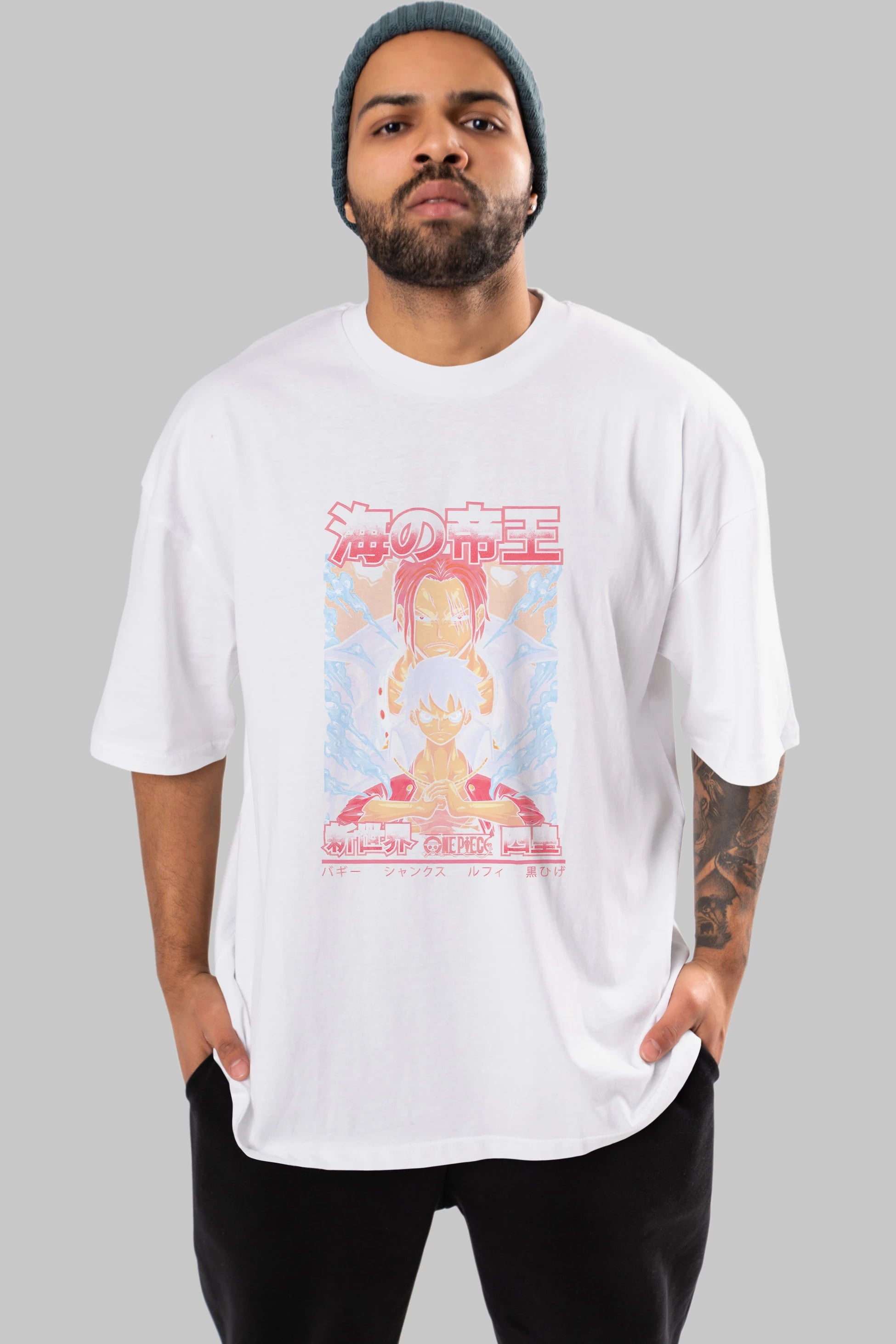 MONKEY D. LUFF and SHANKS Anime Ön Baskılı Oversize t-shirt %100 pamuk Erkek Kadın Unisex