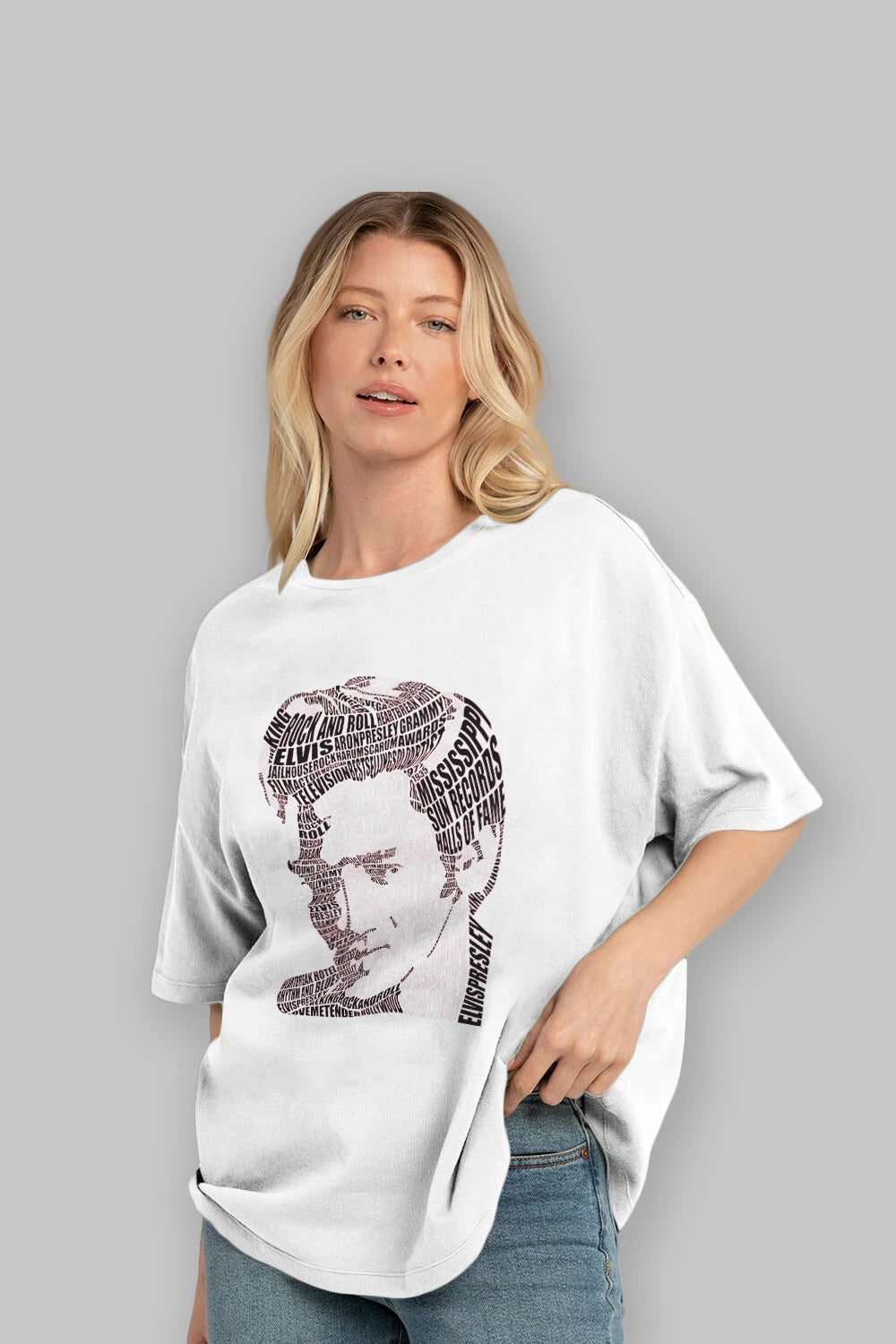 Elvis Presley Calligram Ön Baskılı Oversize t-shirt %100 pamuk Erkek Kadın Unisex