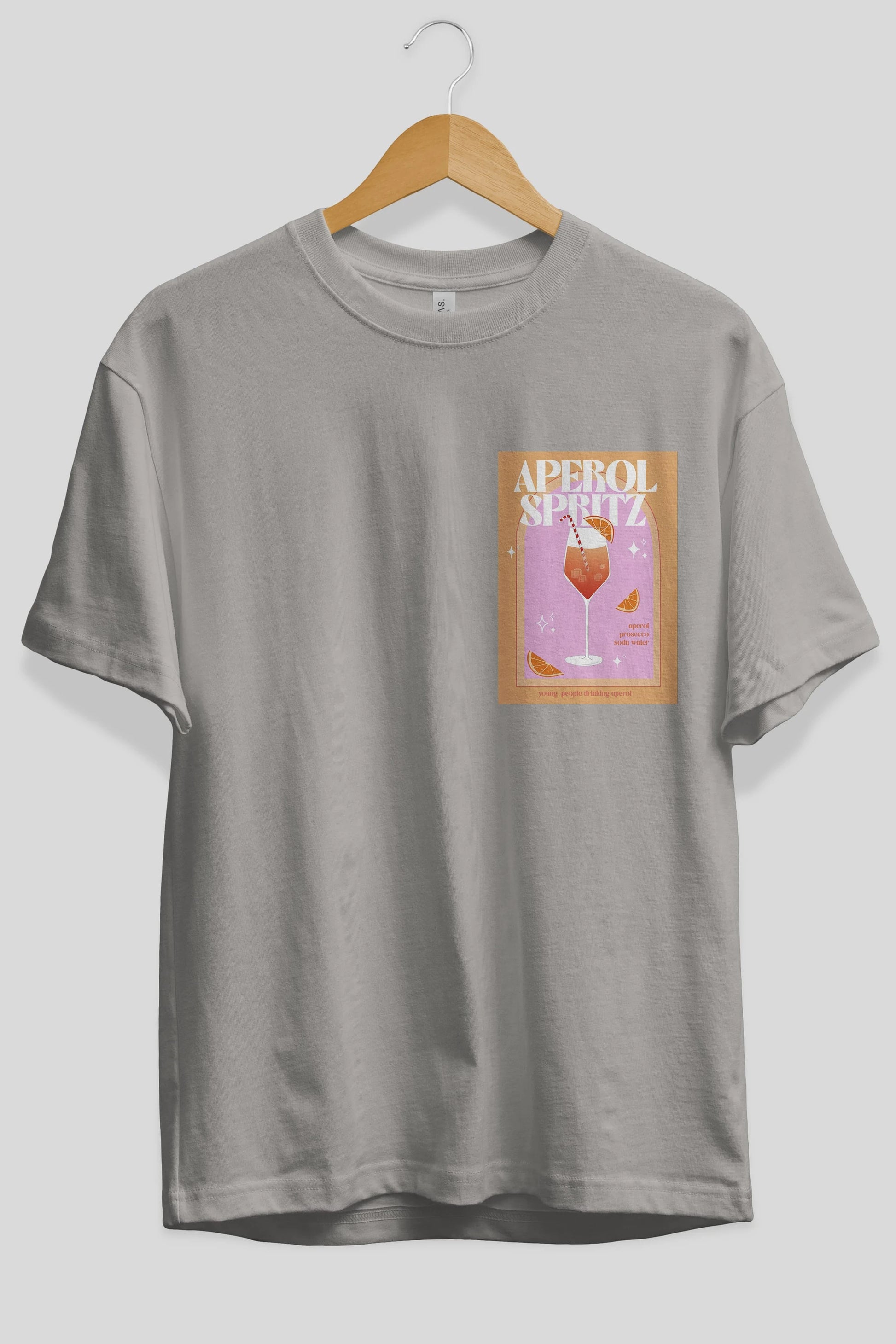 Aperol Spritz 2 Ön Sol Baskılı Oversize t-shirt Erkek Kadın Unisex %100 Pamuk Bisiklet Yaka tişort