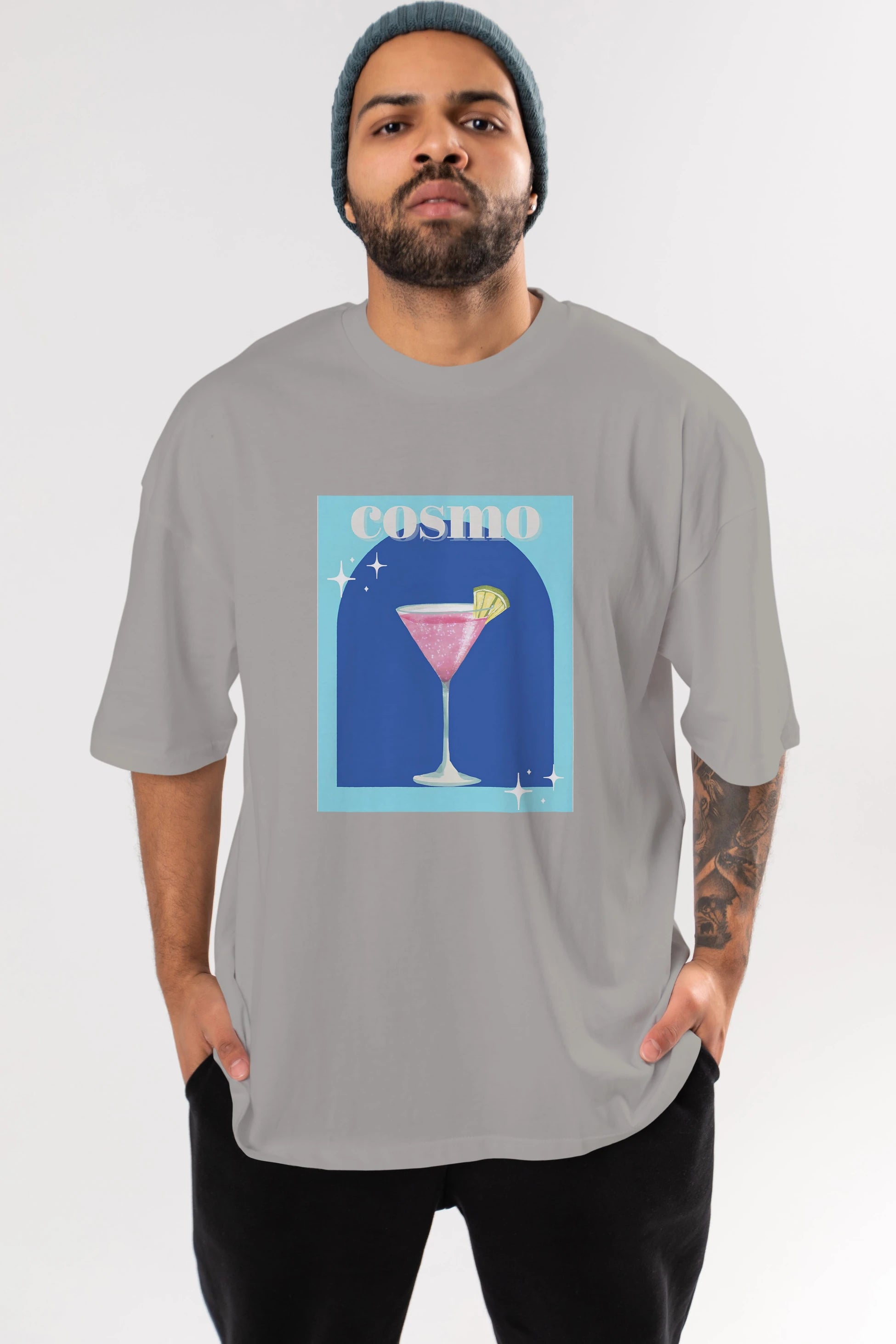 Cosmopolitan 2 Ön Baskılı Oversize t-shirt Erkek Kadın Unisex %100 Pamuk Bisiklet Yaka tişort