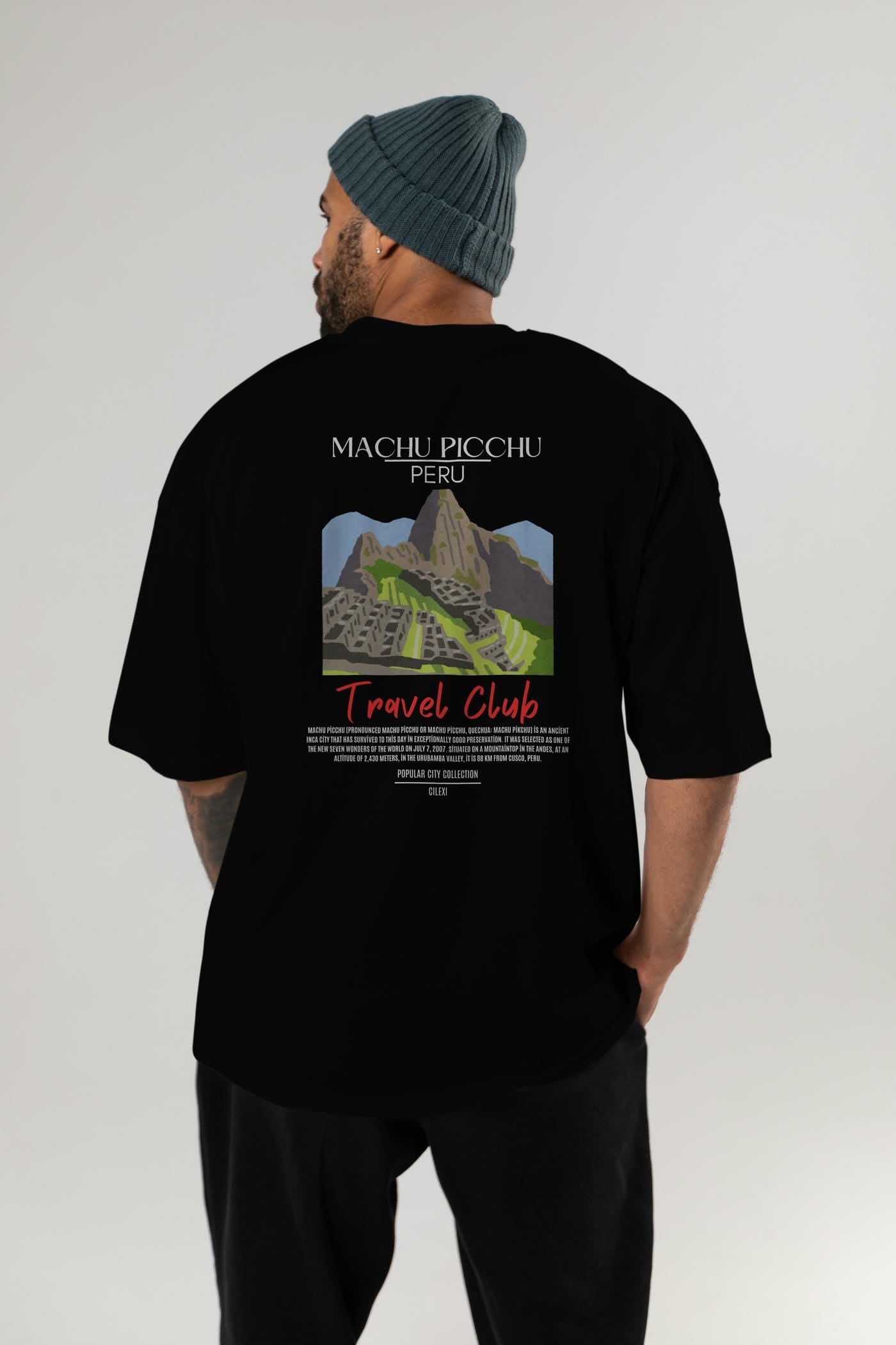 Machu Picchu Peru Arka Baskılı Oversize t-shirt Erkek Kadın Pamuk Bisiklet Yaka tişort