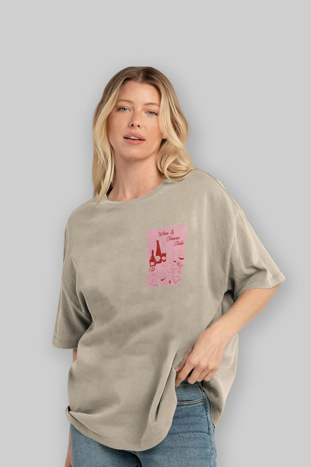 Wine Cheese Club Ön Sol Baskılı Oversize t-shirt Erkek Kadın Unisex %100 Pamuk Bisiklet Yaka tişort