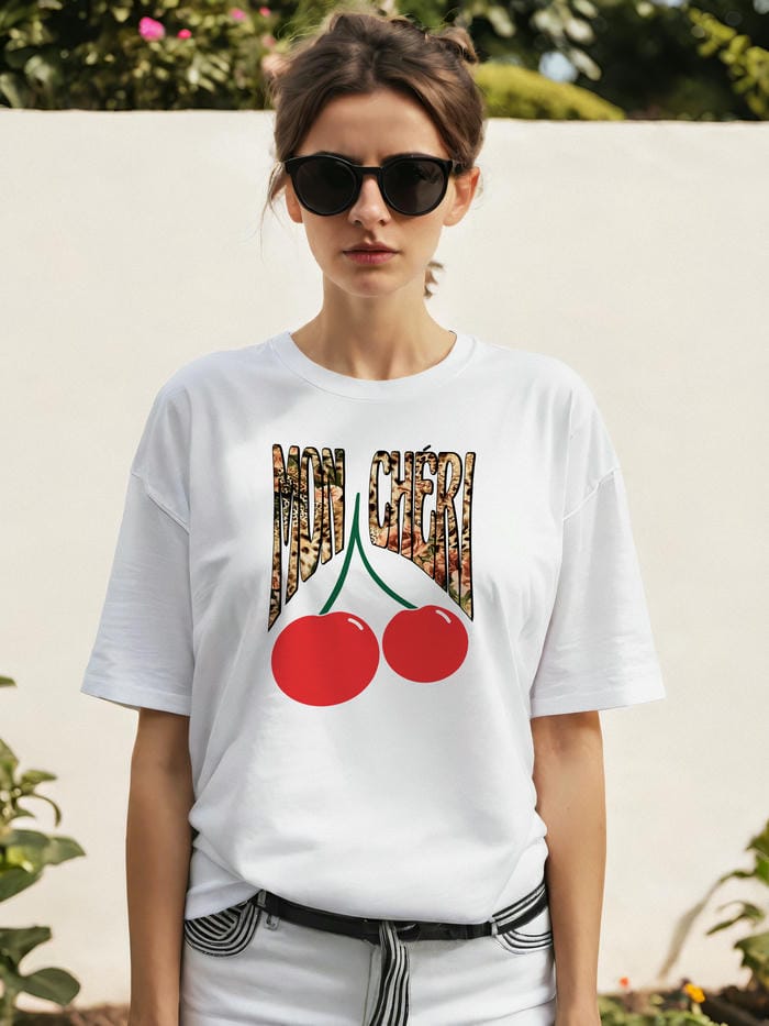Mon Cherry Cherries Ön Baskılı Oversize t-shirt Erkek Kadın Pamuk Bisiklet Yaka tişort