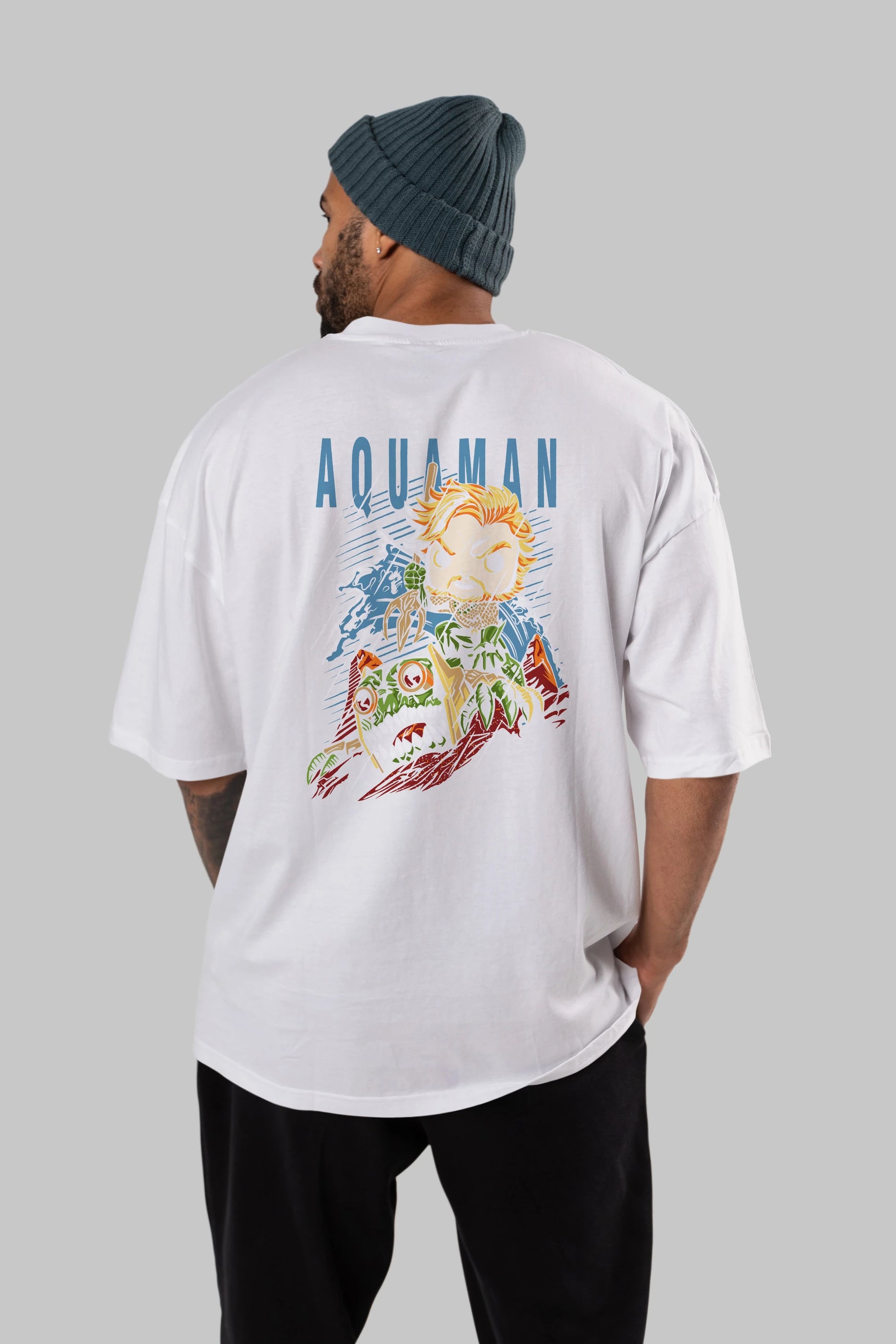 Aquaman Arka Baskılı Oversize t-shirt Erkek Kadın Unisex %100 Pamuk Bisiklet Yaka tişort