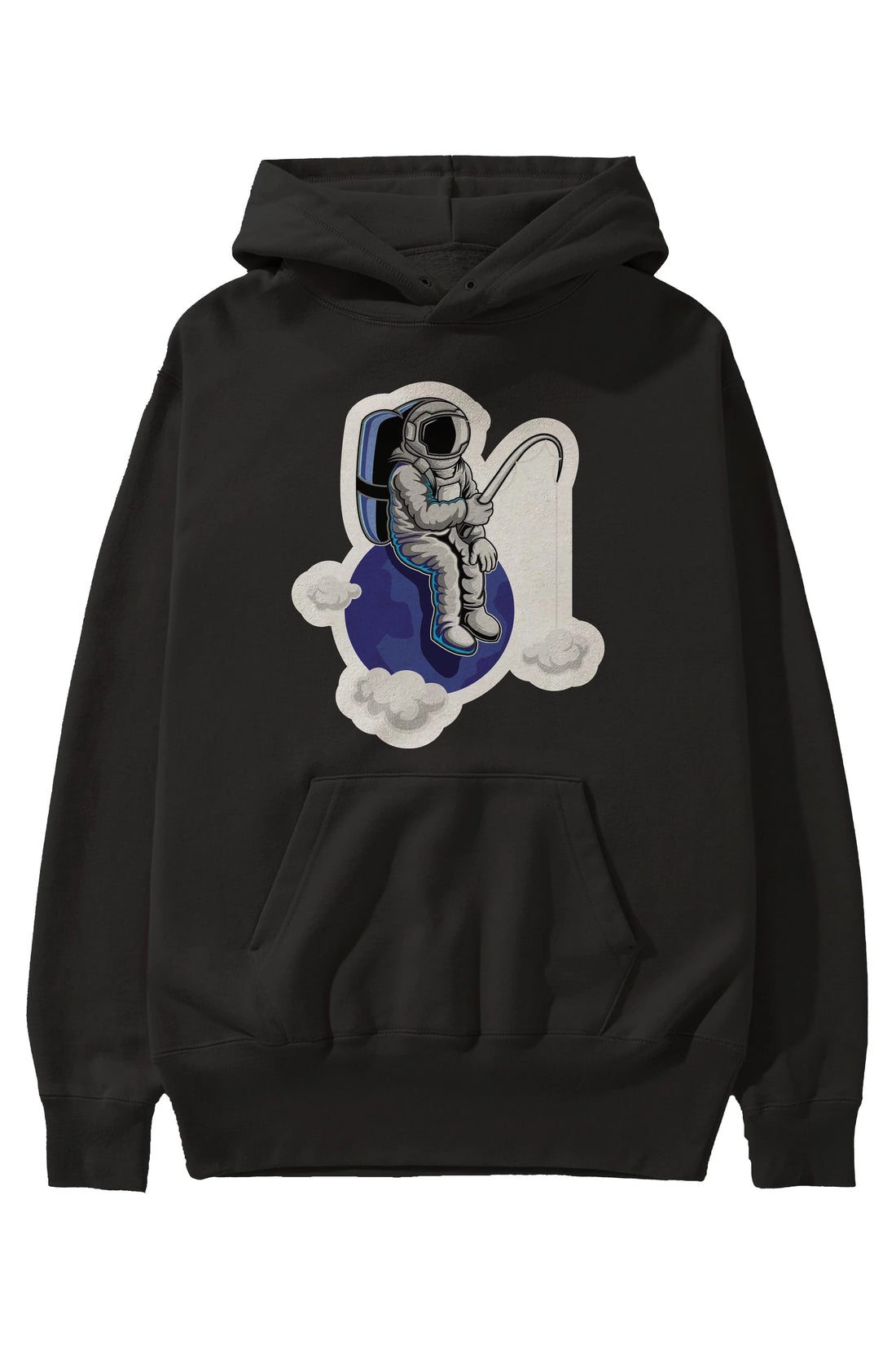 Astronaut Fishing Sticker Ön Baskılı Hoodie Oversize Kapüşonlu Sweatshirt Erkek Kadın Unisex