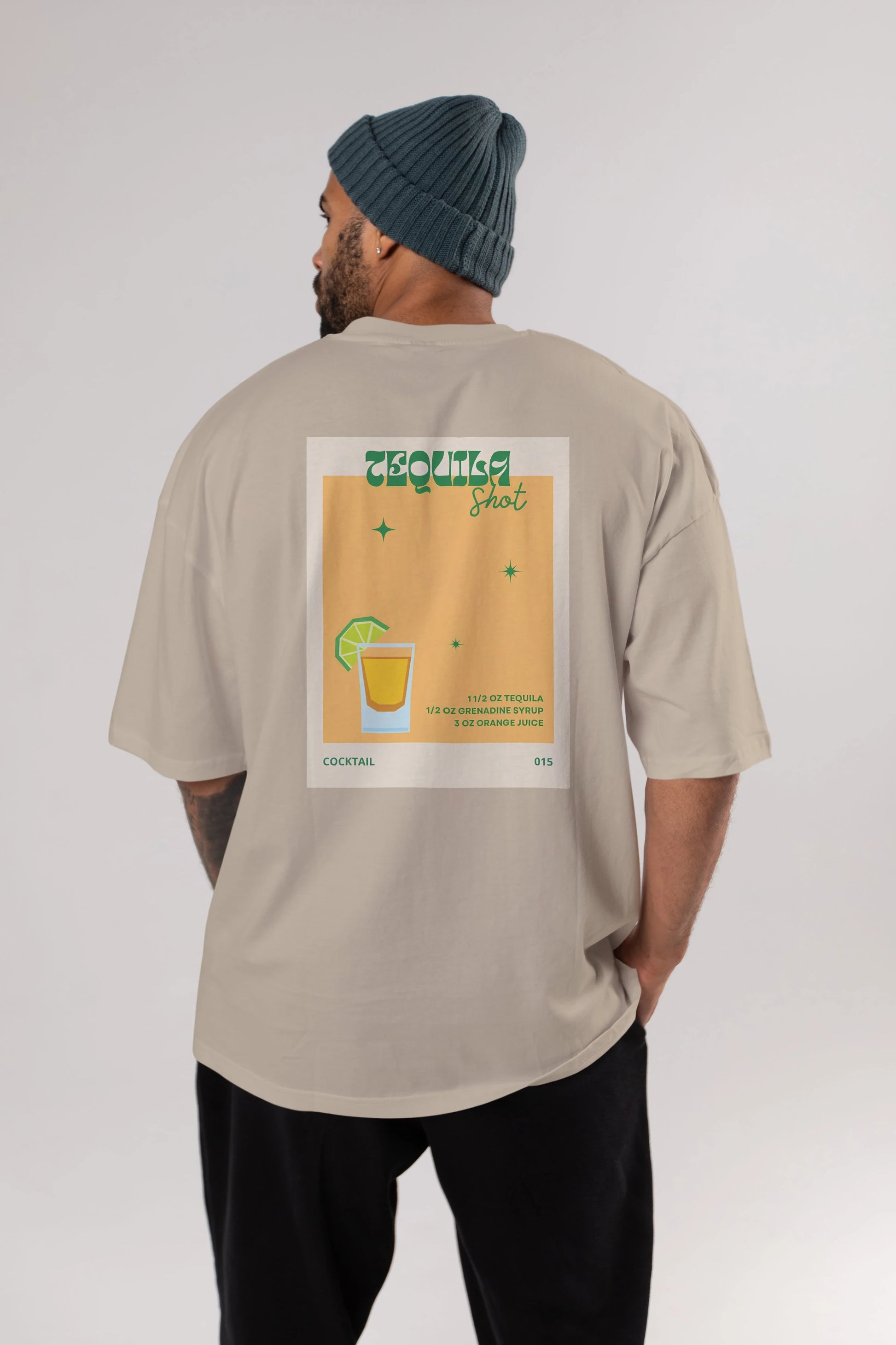 Tequila Shot 2 Arka Baskılı Oversize t-shirt Erkek Kadın Unisex %100 Pamuk Bisiklet Yaka tişort
