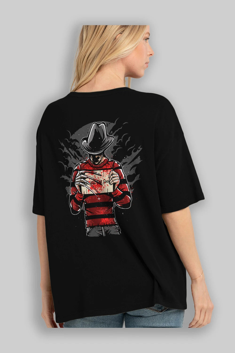 Freddy Will Kill For Food Arka Baskılı Oversize t-shirt Erkek Kadın Unisex %100 Pamuk