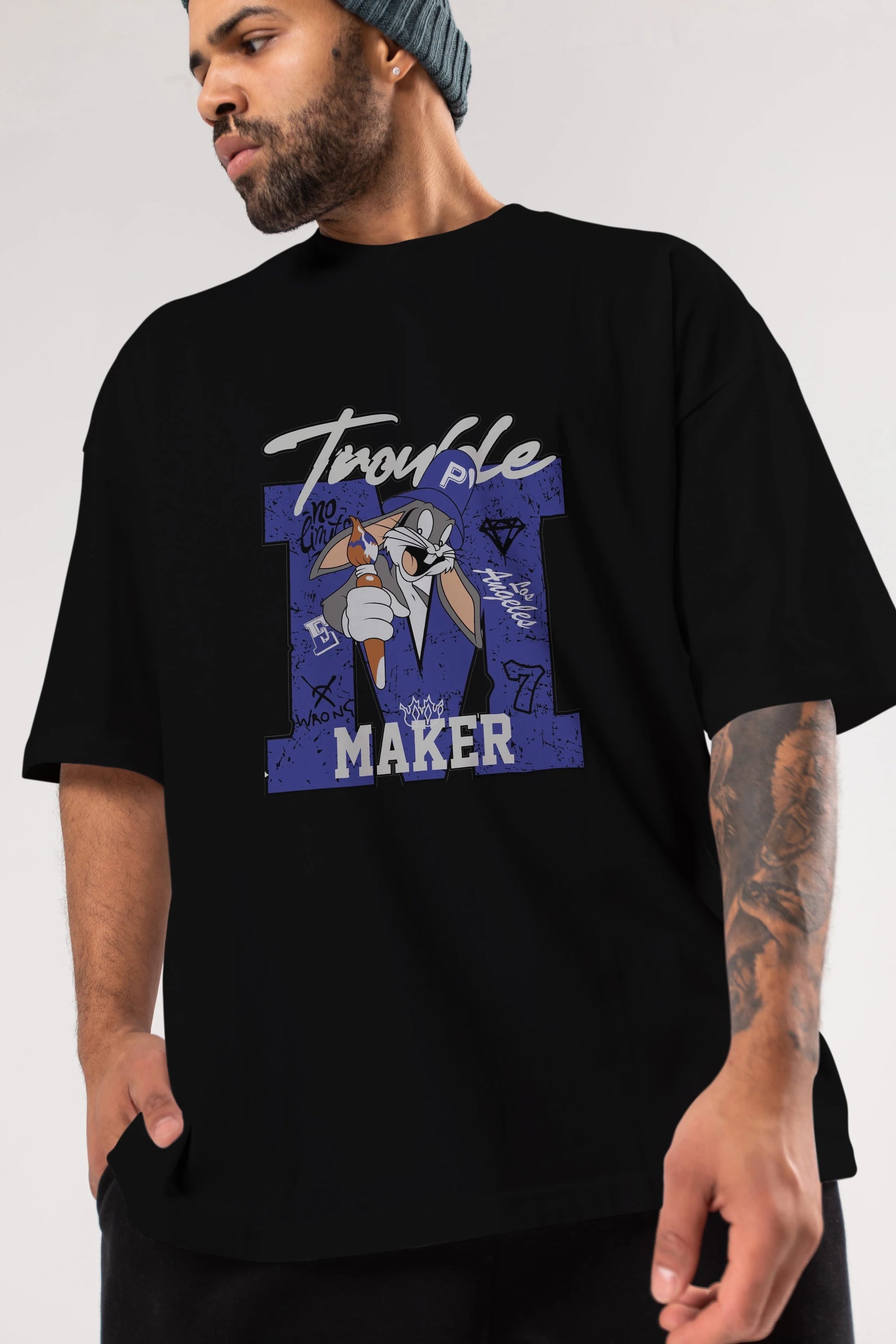 Bugs Bunny Ön Baskılı Oversize t-shirt Erkek Kadın Unisex %100 Pamuk Bisiklet Yaka tişort