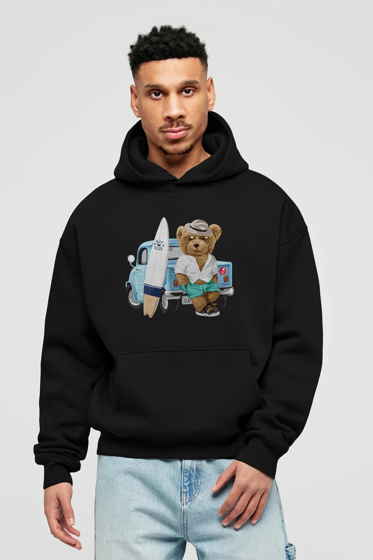 Teddy Bear Surf Club Ön Baskılı Hoodie Oversize Kapüşonlu Sweatshirt Erkek Kadın Unisex