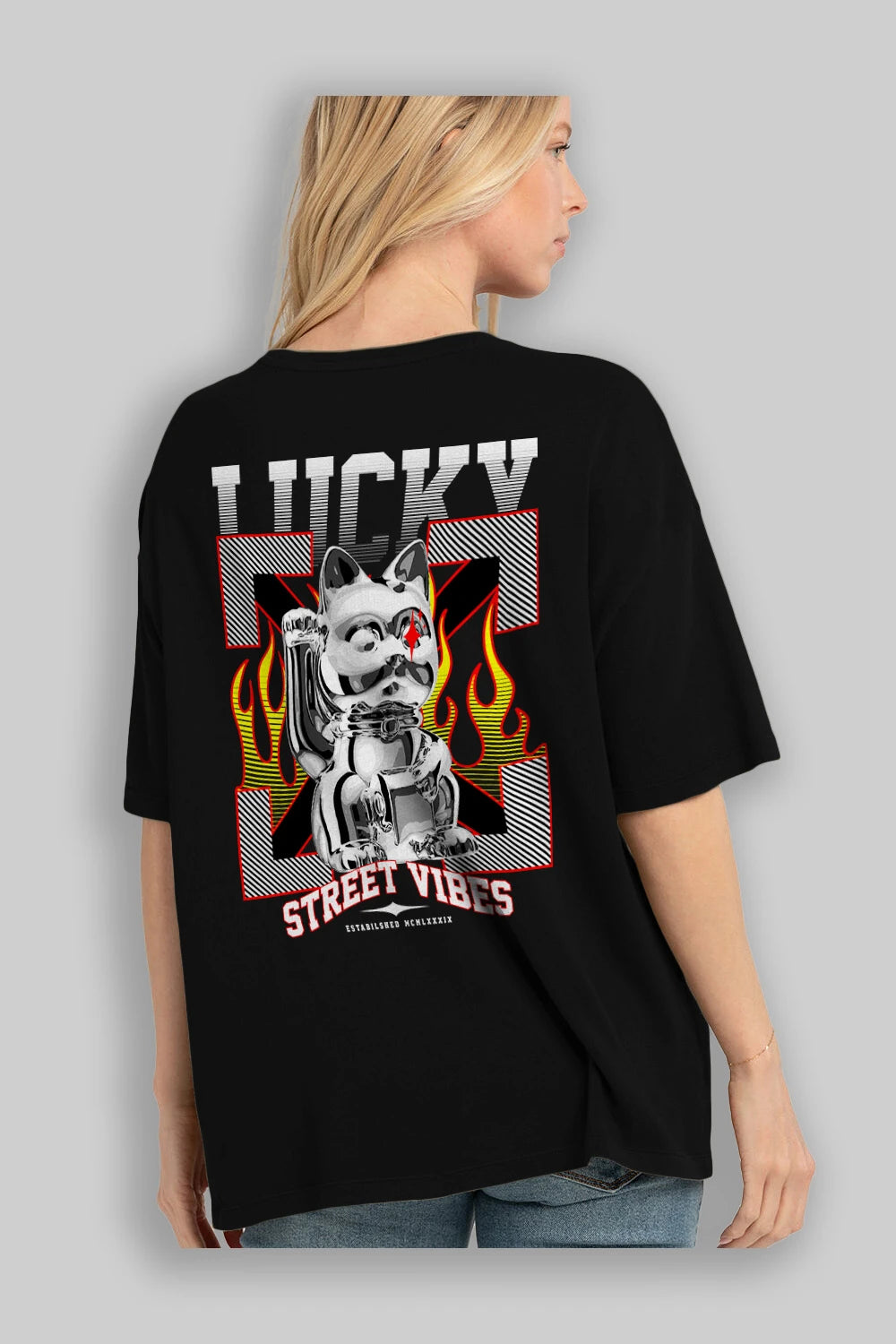 Lucky Street Vibes Arka Baskılı Oversize t-shirt Erkek Kadın Unisex