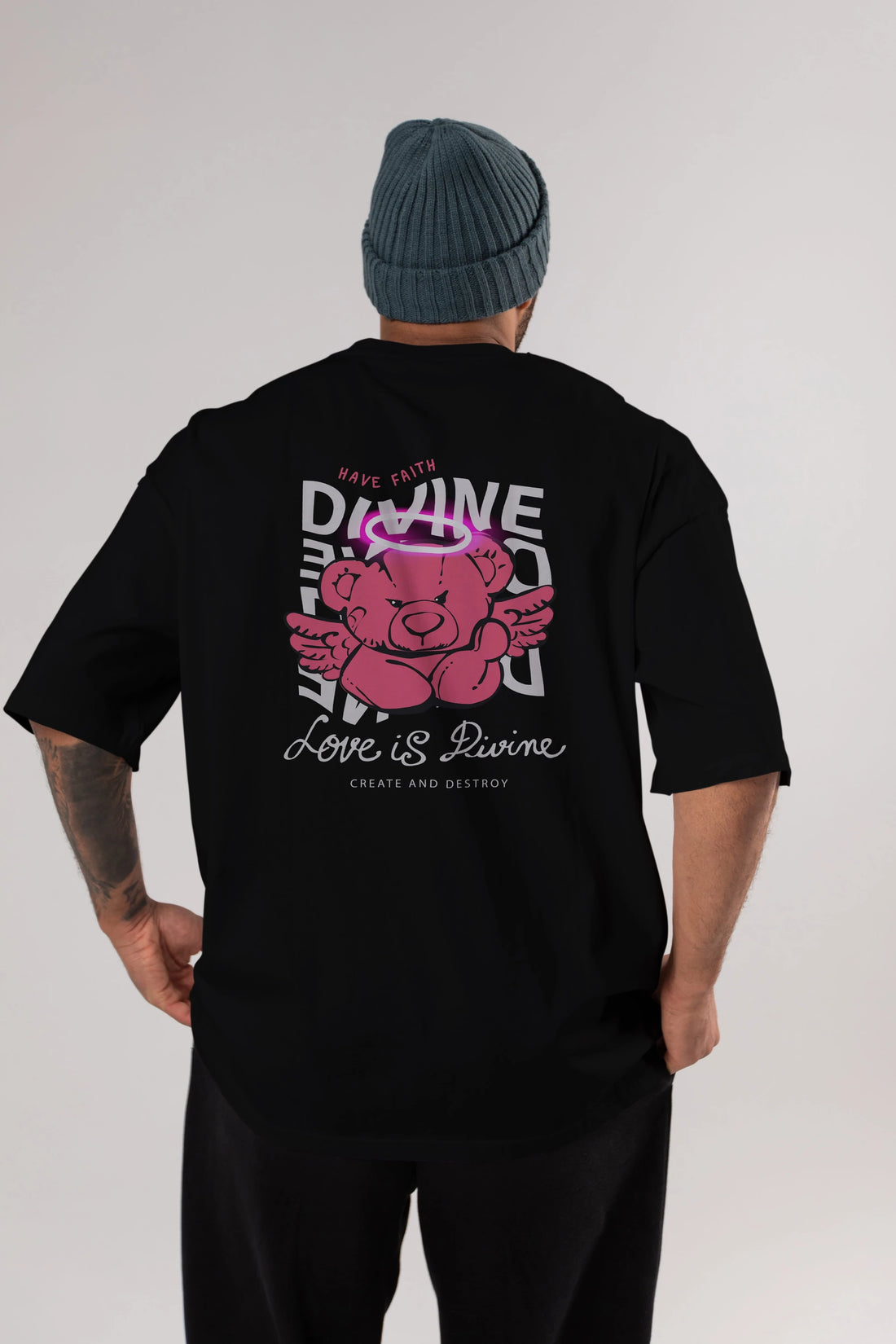 Love is Divine Bear Arka Baskılı Oversize t-shirt Erkek Kadın Unisex