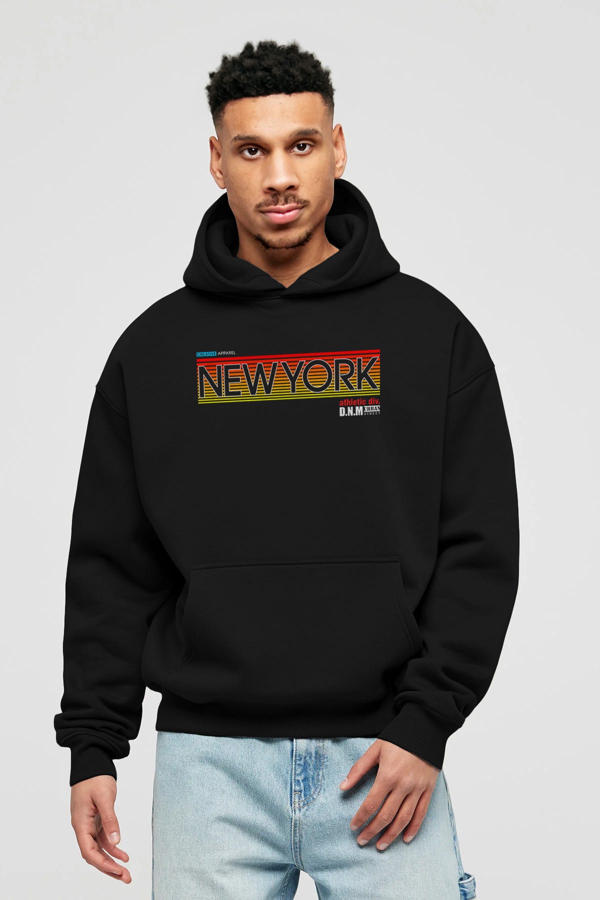 New York Denim Ön Baskılı Oversize Hoodie Kapüşonlu Sweatshirt Erkek Kadın Unisex
