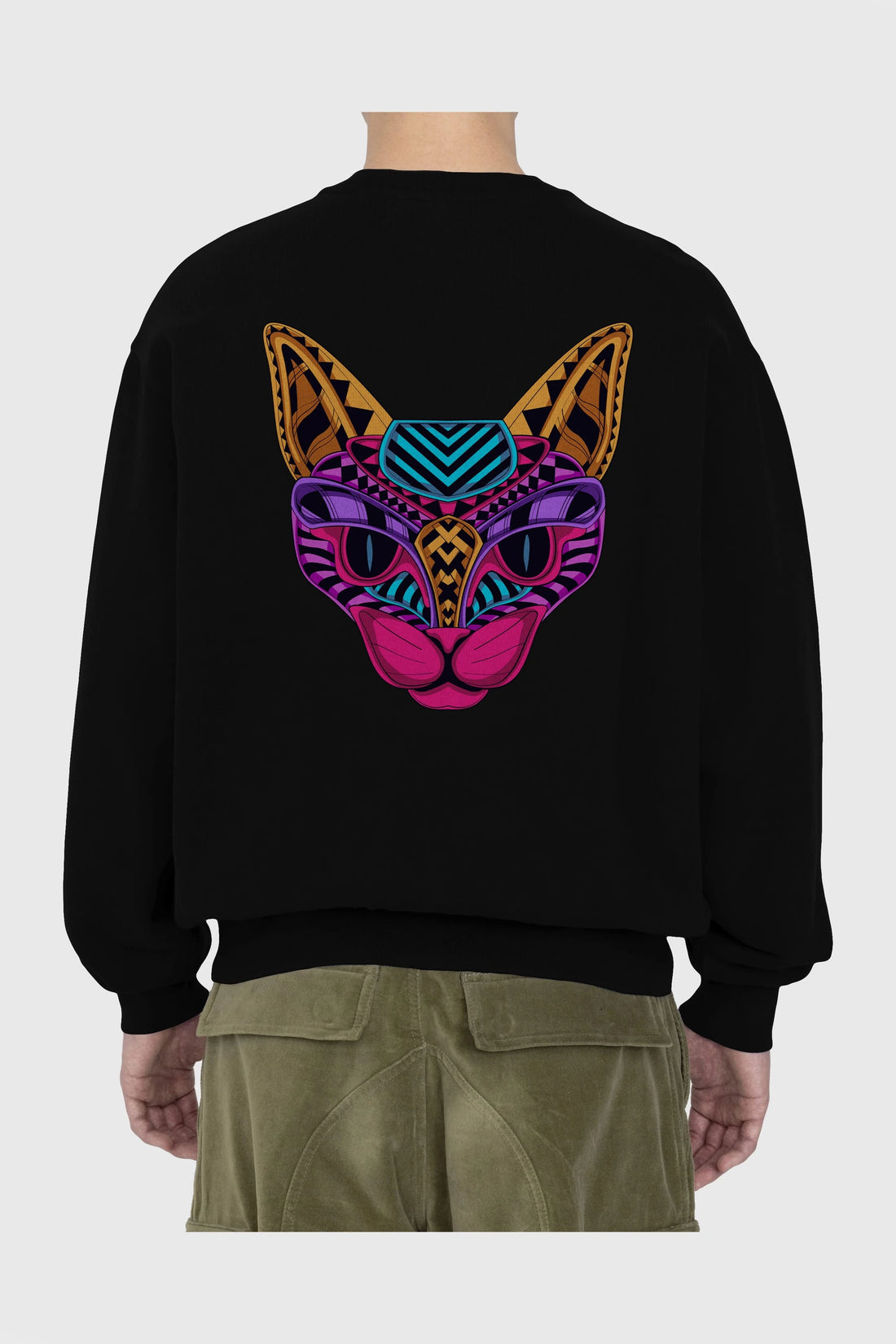 Black Neon Cat Arka Baskılı Oversize Sweatshirt Erkek Kadın Unisex