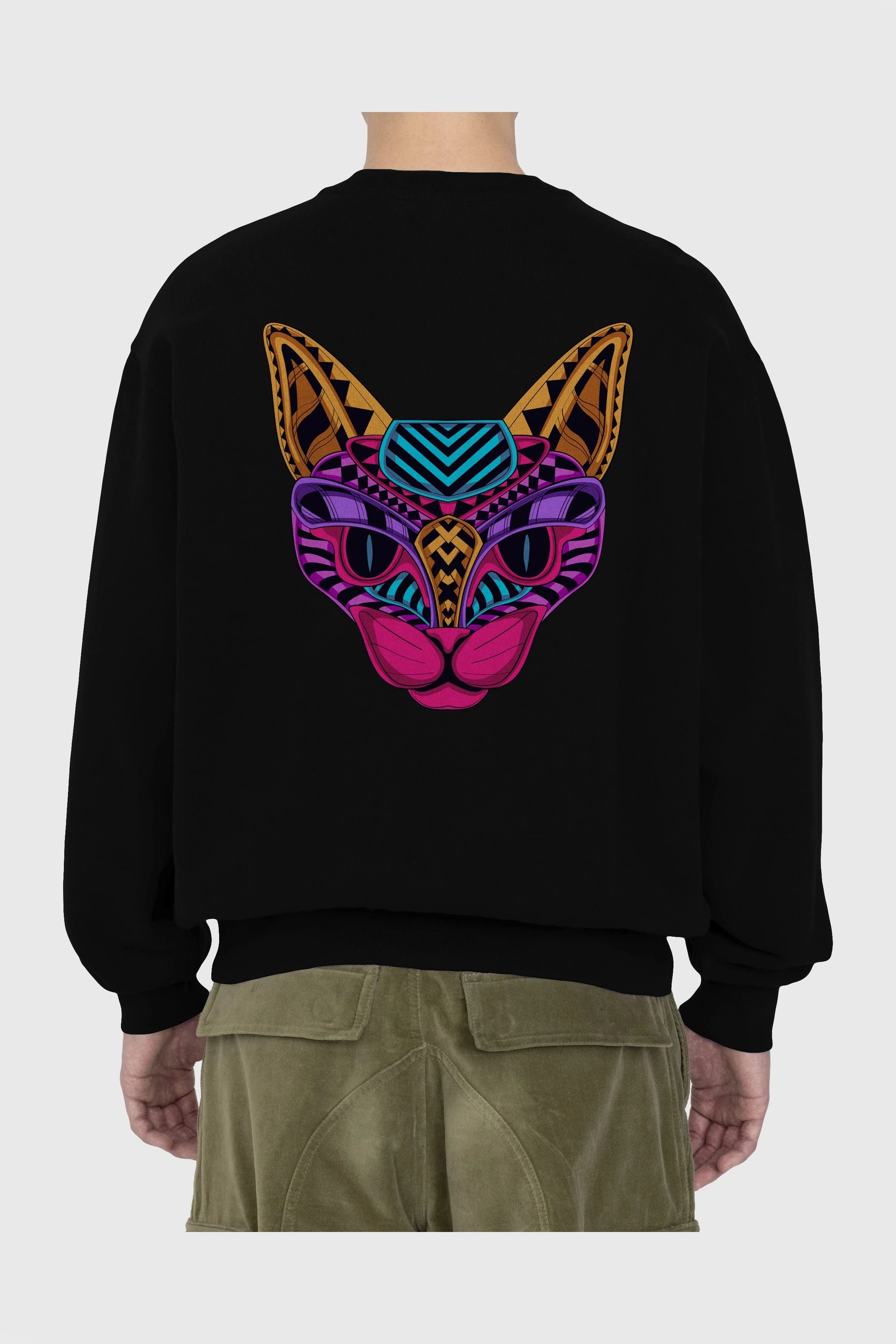 Black Neon Cat Arka Baskılı Oversize Sweatshirt Erkek Kadın Unisex