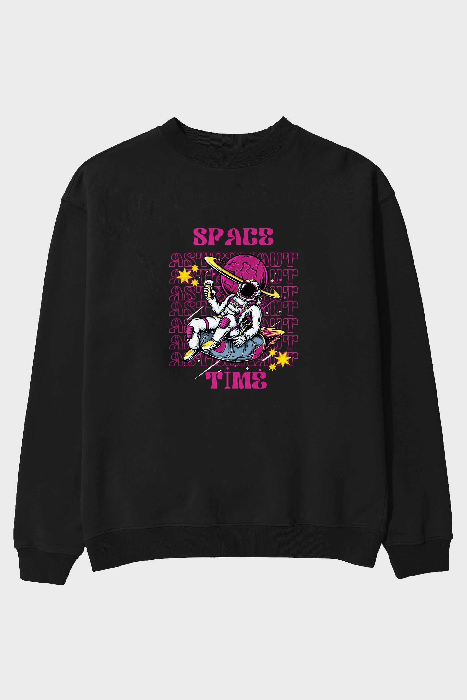 Space Time Astronaut Yazılı Ön Baskılı Oversize Sweatshirt Erkek Kadın Unisex