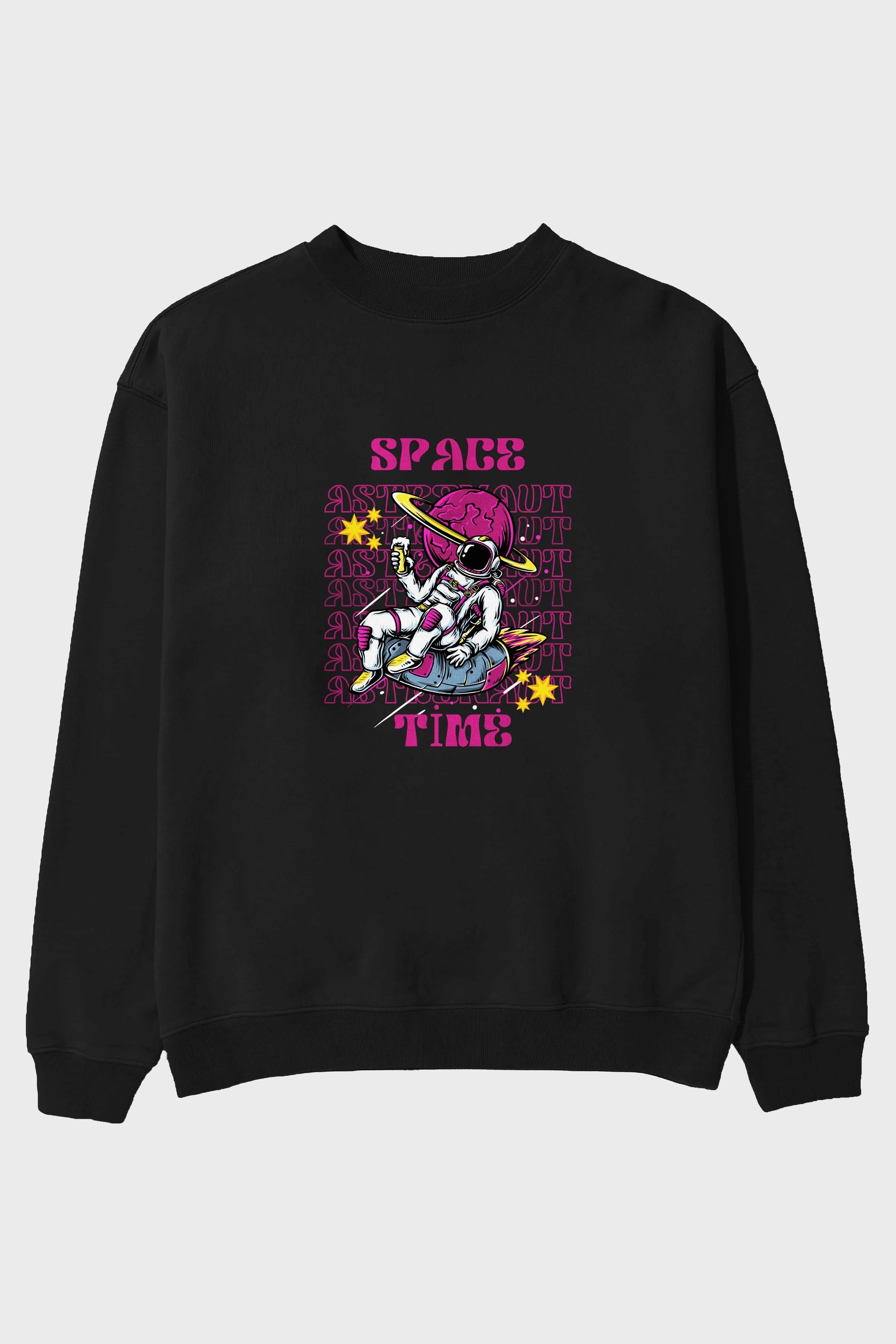 Space Time Astronaut Yazılı Ön Baskılı Oversize Sweatshirt Erkek Kadın Unisex