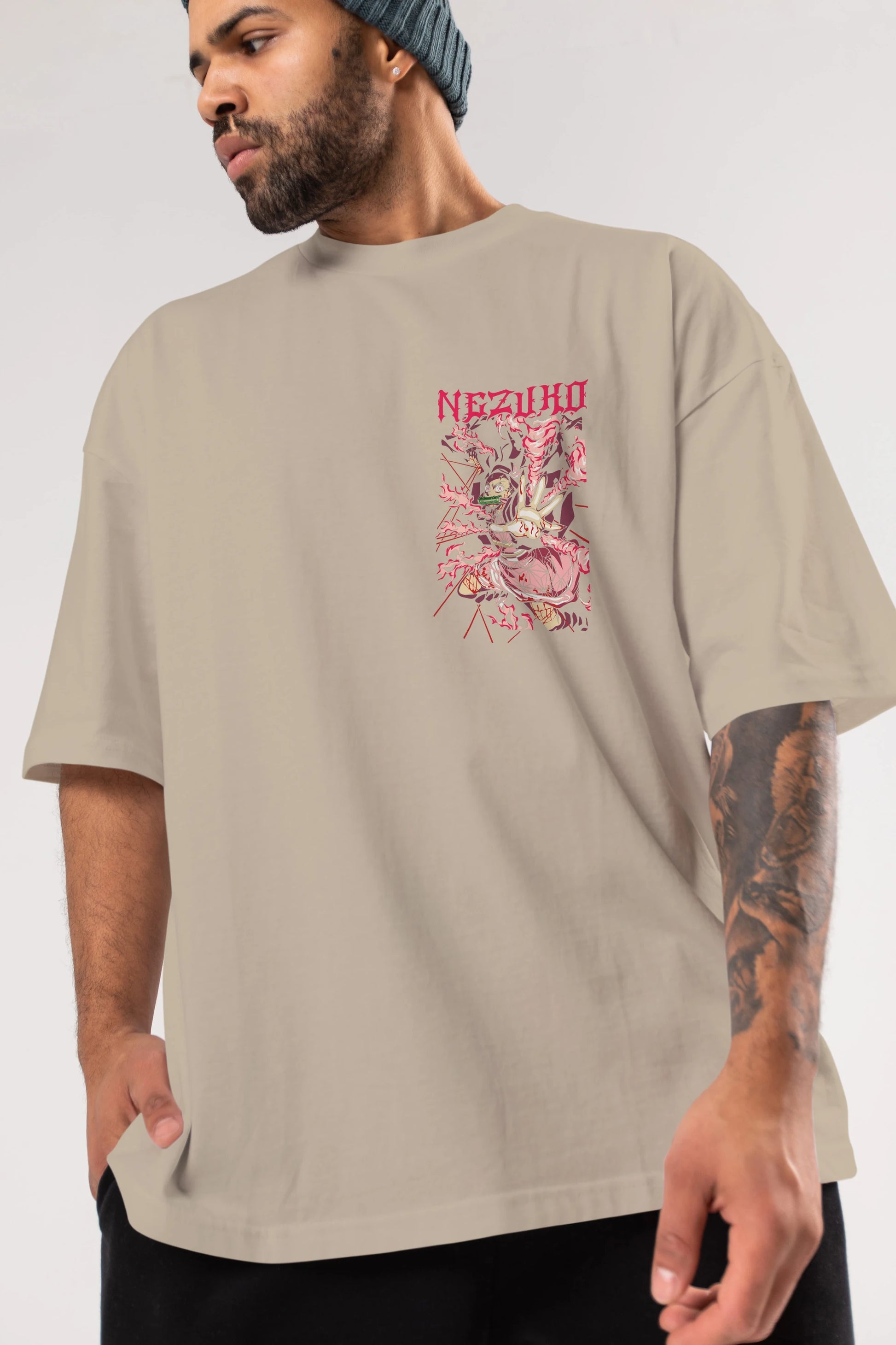 NEZUKO KAMADO Ön Sol Baskılı Oversize t-shirt Erkek Kadın Unisex %100 Pamuk Bisiklet Yaka tişort