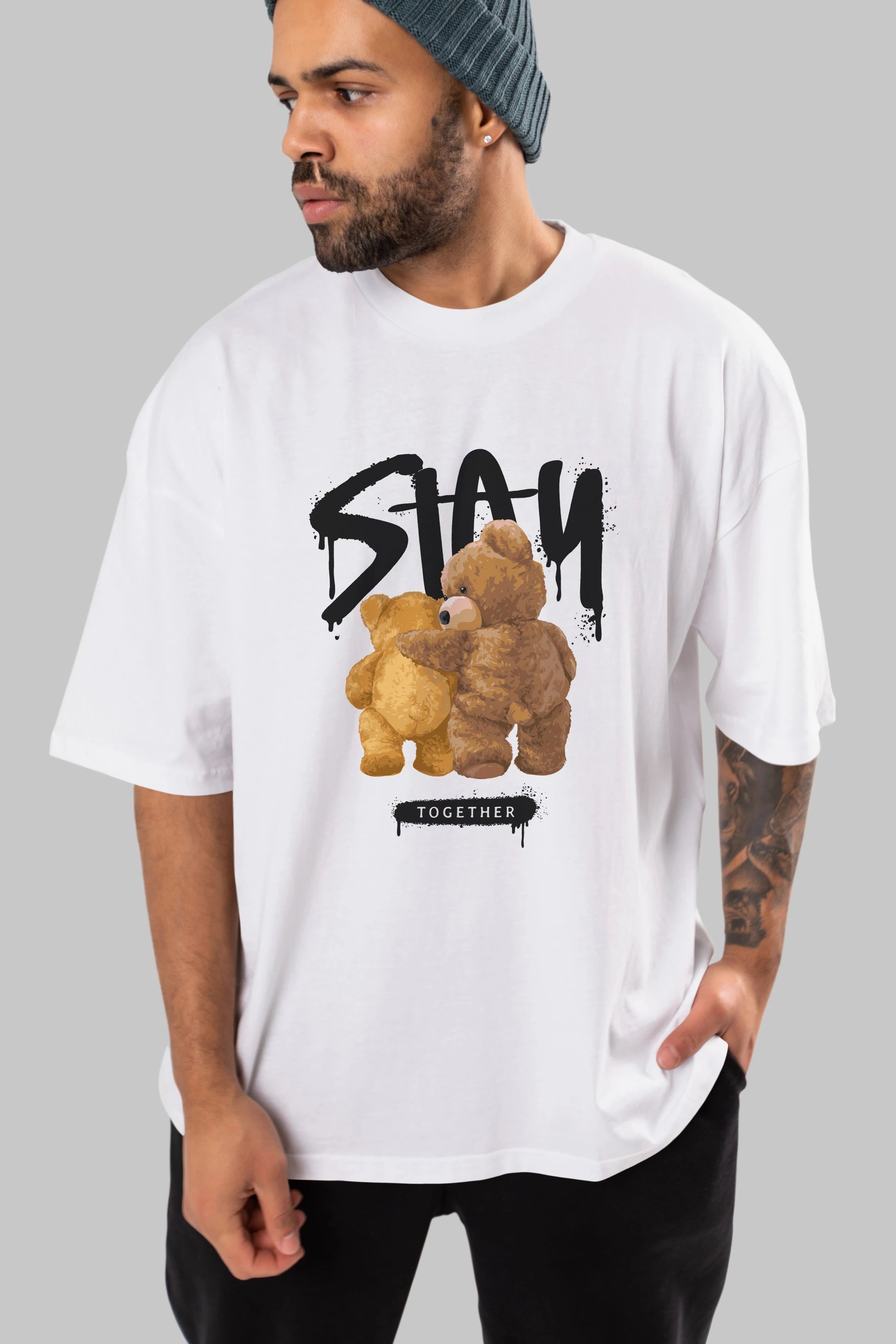 Stay Together Bear Ön Baskılı Oversize t-shirt Erkek Kadın Unisex
