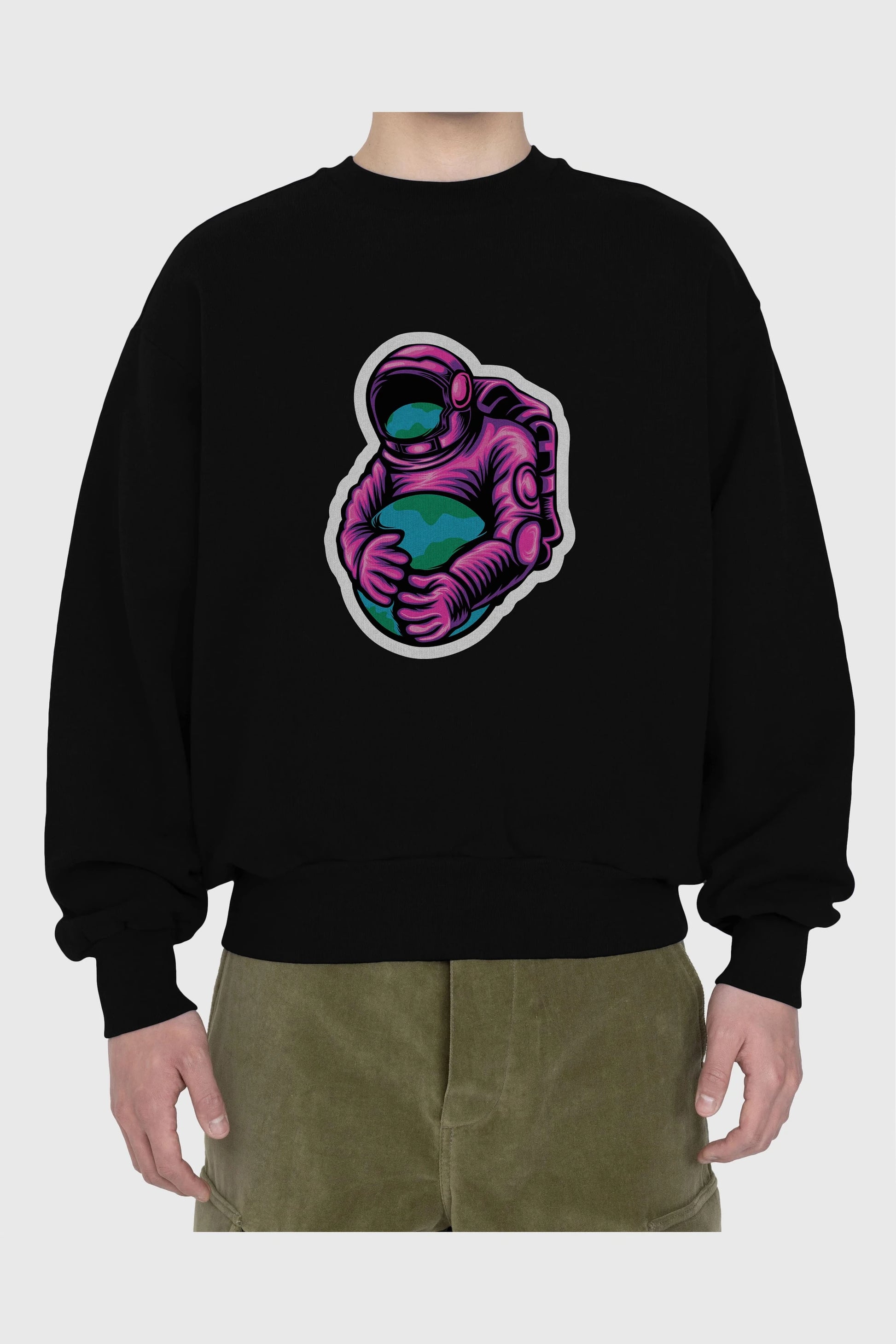 Astronaut Holding Up The Earth Sticker Ön Baskılı Oversize Sweatshirt Erkek Kadın Unisex