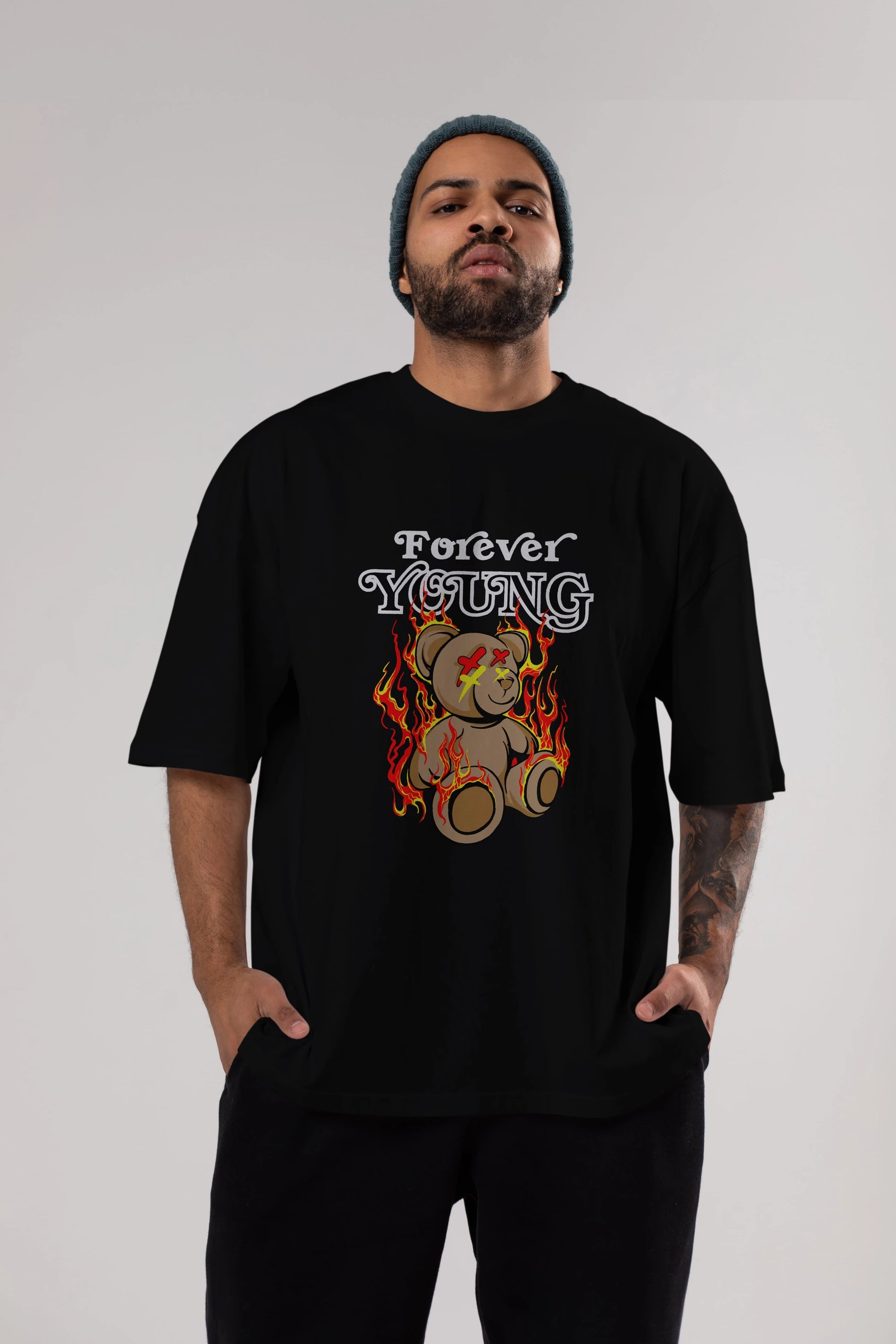 Forever Young Bear Ön Baskılı Oversize t-shirt Erkek Kadın Unisex