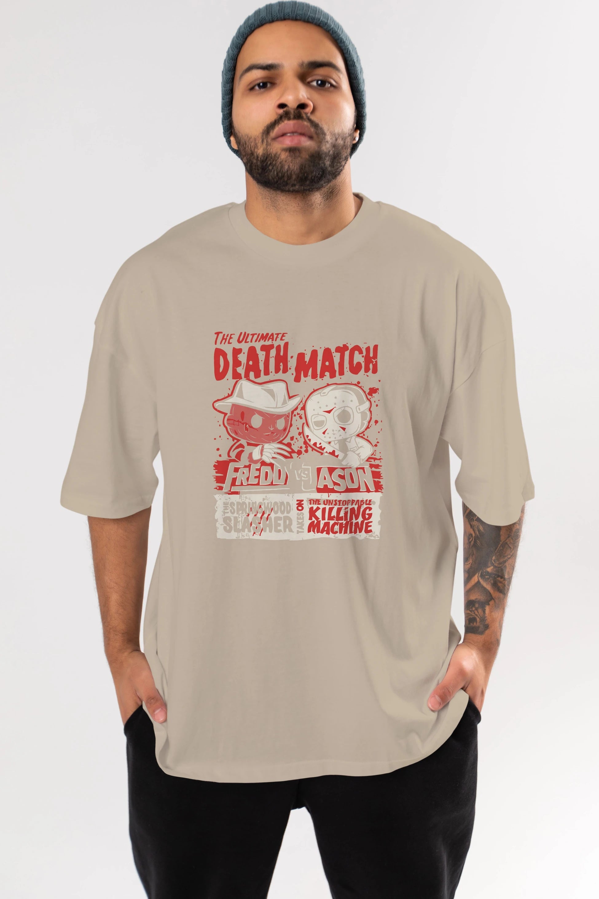 Freddy vs Jason Ön Baskılı Oversize t-shirt Erkek Kadın Unisex %100 Pamuk Bisiklet Yaka tişort