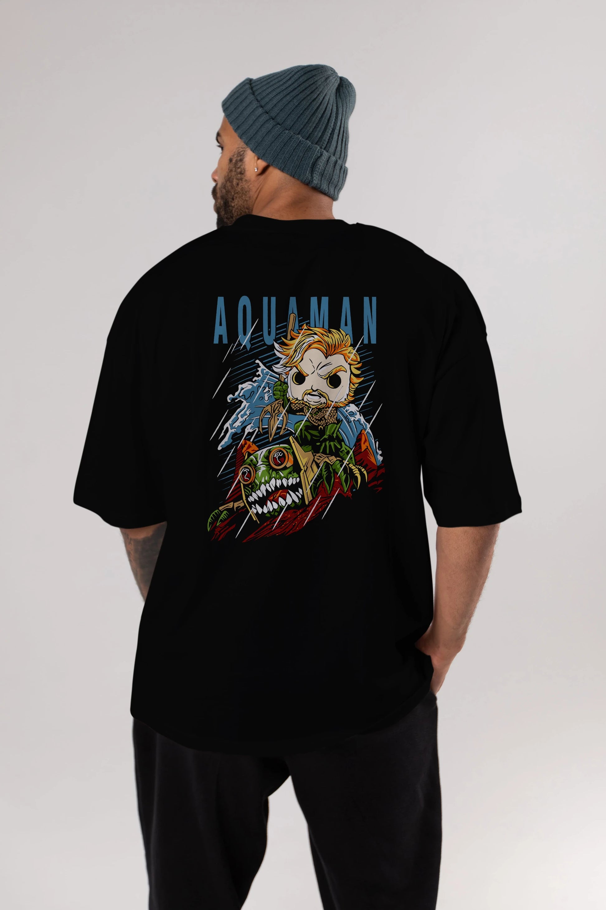 Aquaman Arka Baskılı Oversize t-shirt Erkek Kadın Unisex %100 Pamuk Bisiklet Yaka tişort