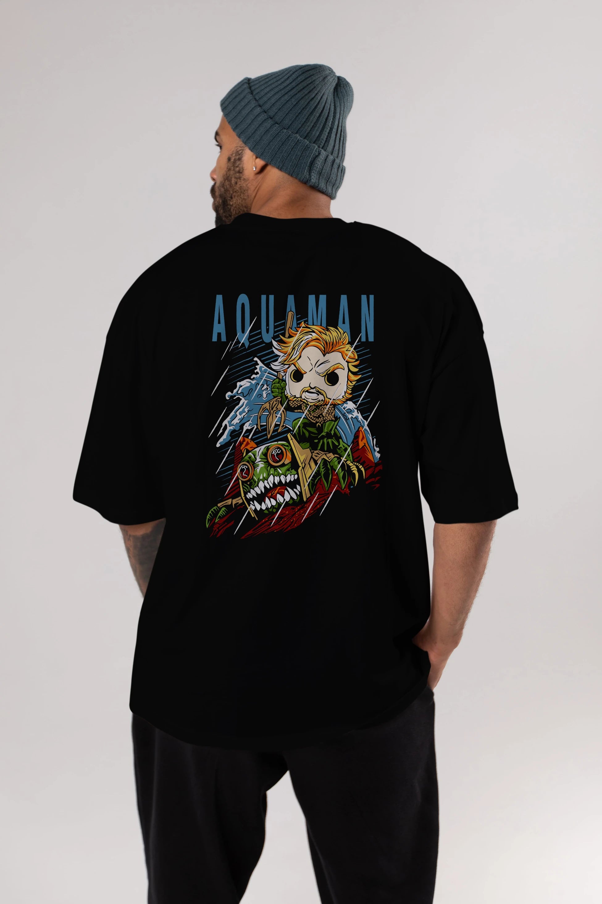 Aquaman Arka Baskılı Oversize t-shirt Erkek Kadın Unisex %100 Pamuk Bisiklet Yaka tişort