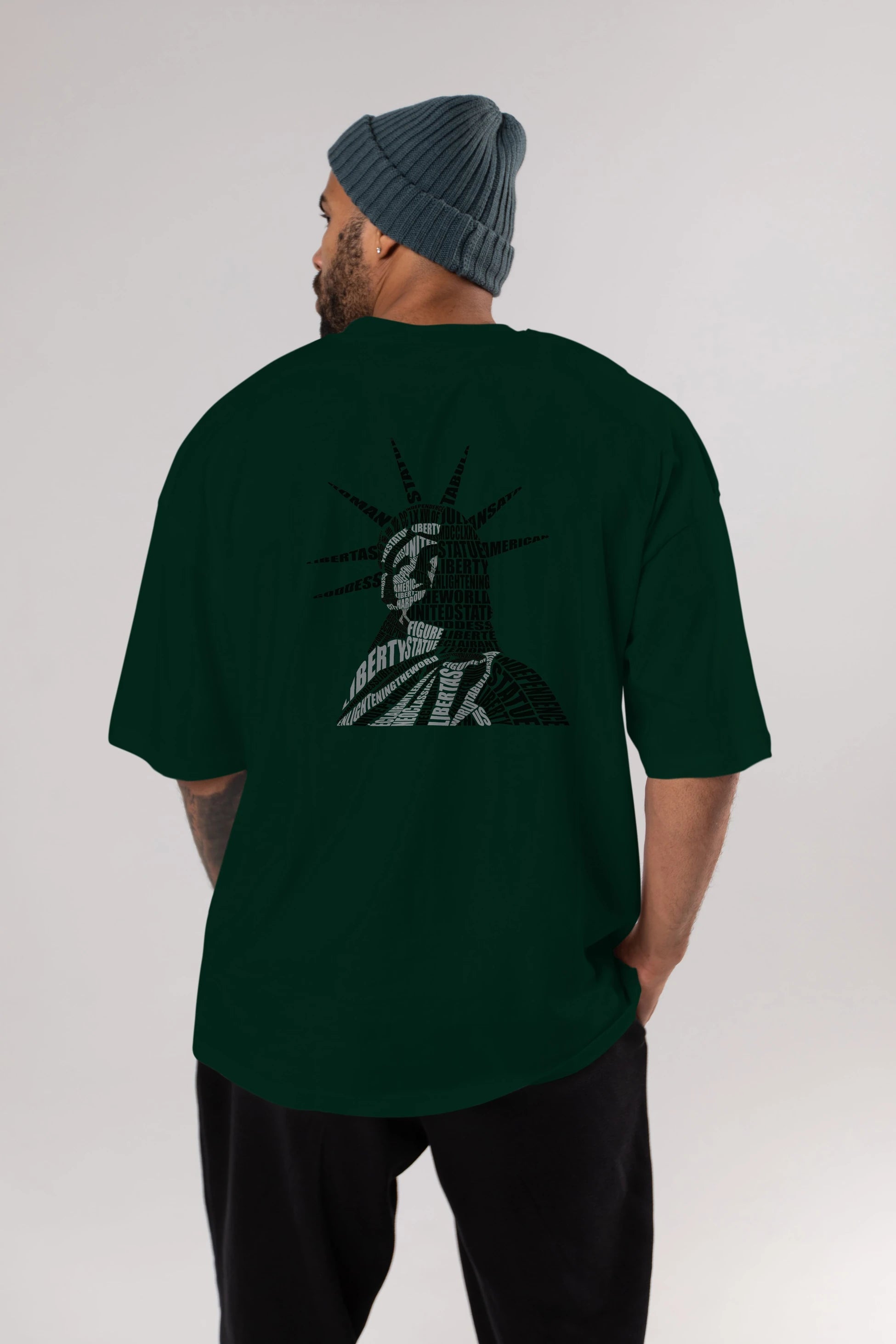 Liberty Statue Calligram Arka Baskılı Oversize t-shirt %100 pamuk Erkek Kadın Unisex