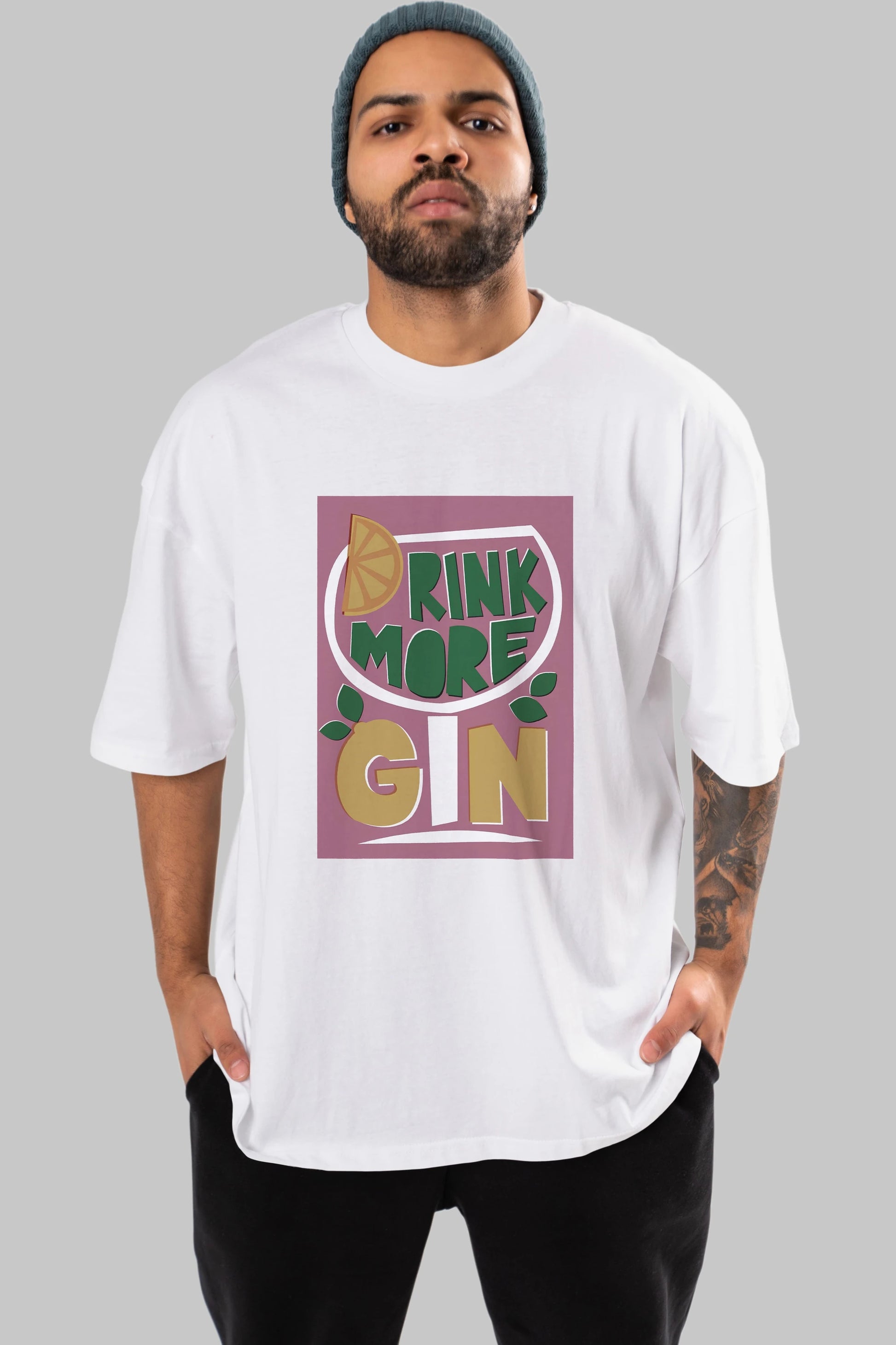 Drink More Gin Ön Baskılı Oversize t-shirt Erkek Kadın Unisex %100 Pamuk Bisiklet Yaka tişort