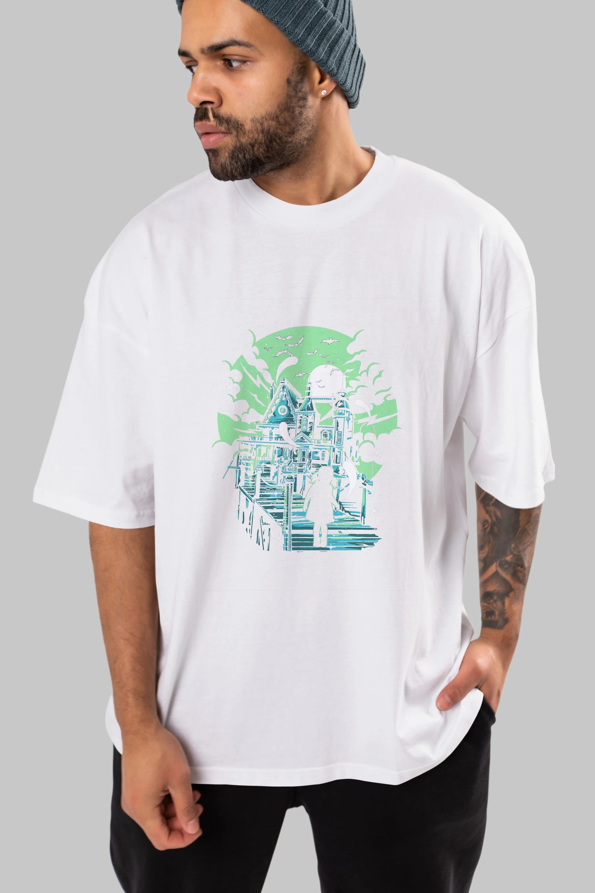Haunted House Ön Baskılı Oversize t-shirt Erkek Kadın Unisex %100 Pamuk tişort
