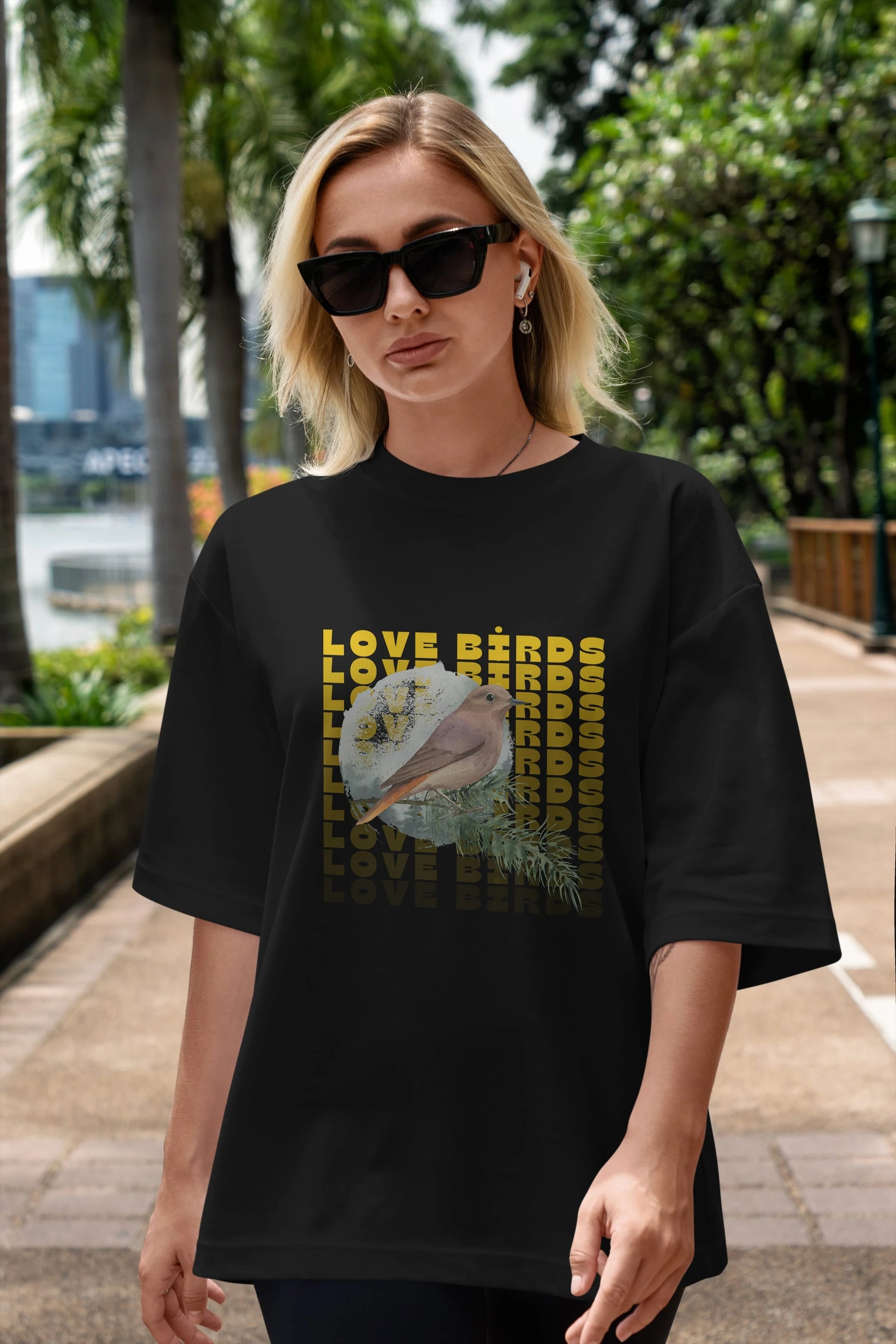 Love Birds Yazılı Ön Baskılı Oversize t-shirt Erkek Kadın Unisex