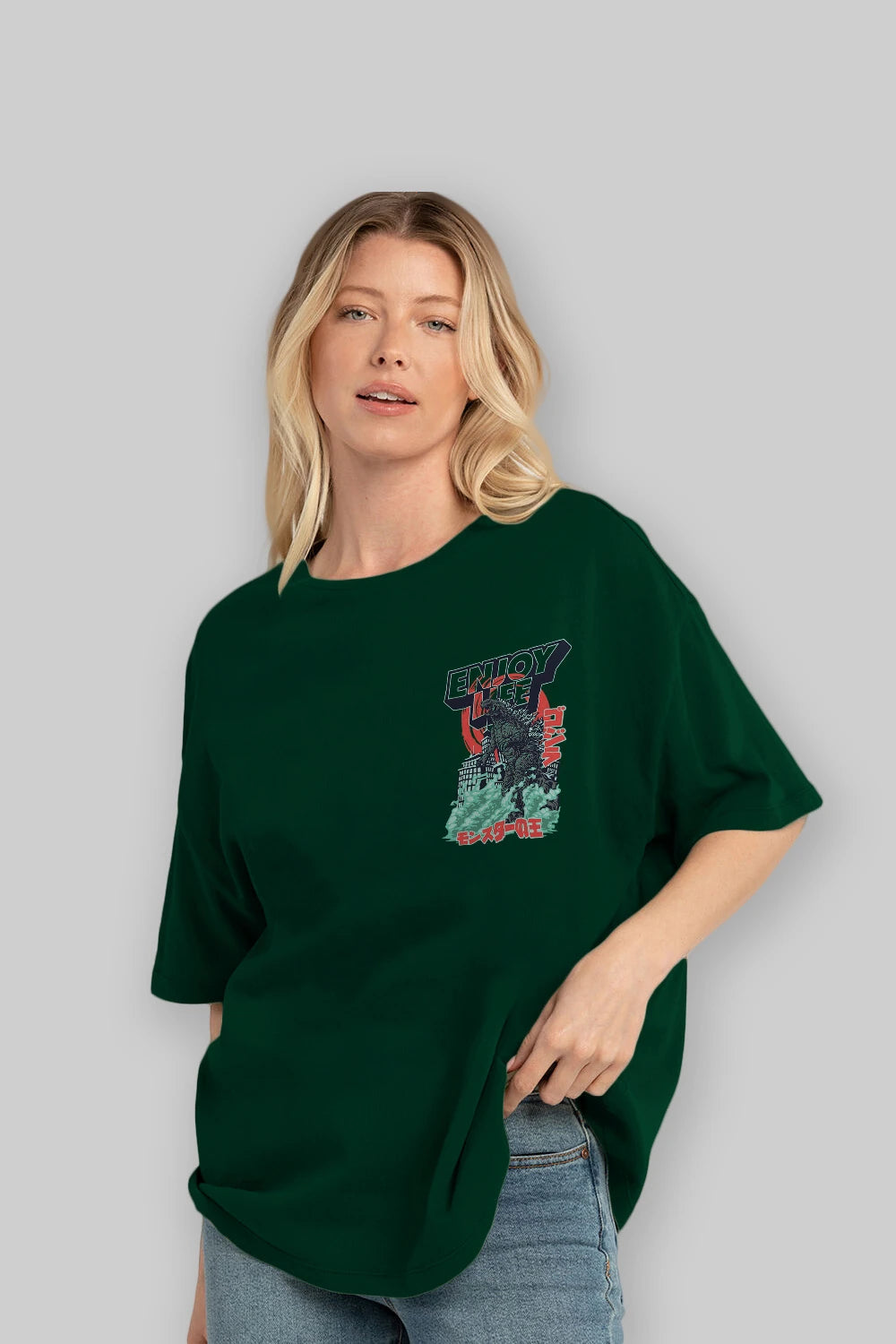 Godzilla Ön Sol Baskılı Oversize t-shirt Erkek Kadın Unisex %100 Pamuk Bisiklet Yaka tişort