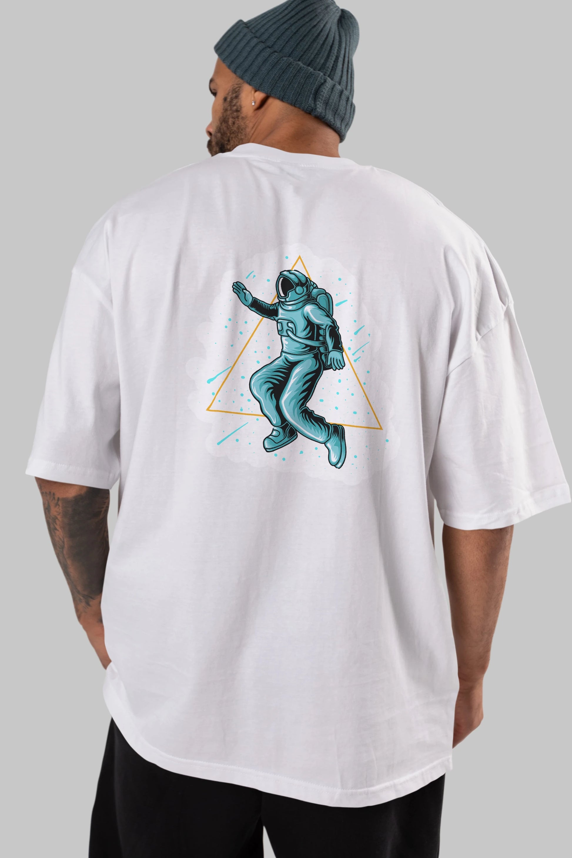 Astronaut Starry Triangle Sticker Arka Baskılı Oversize t-shirt Erkek Kadın Unisex