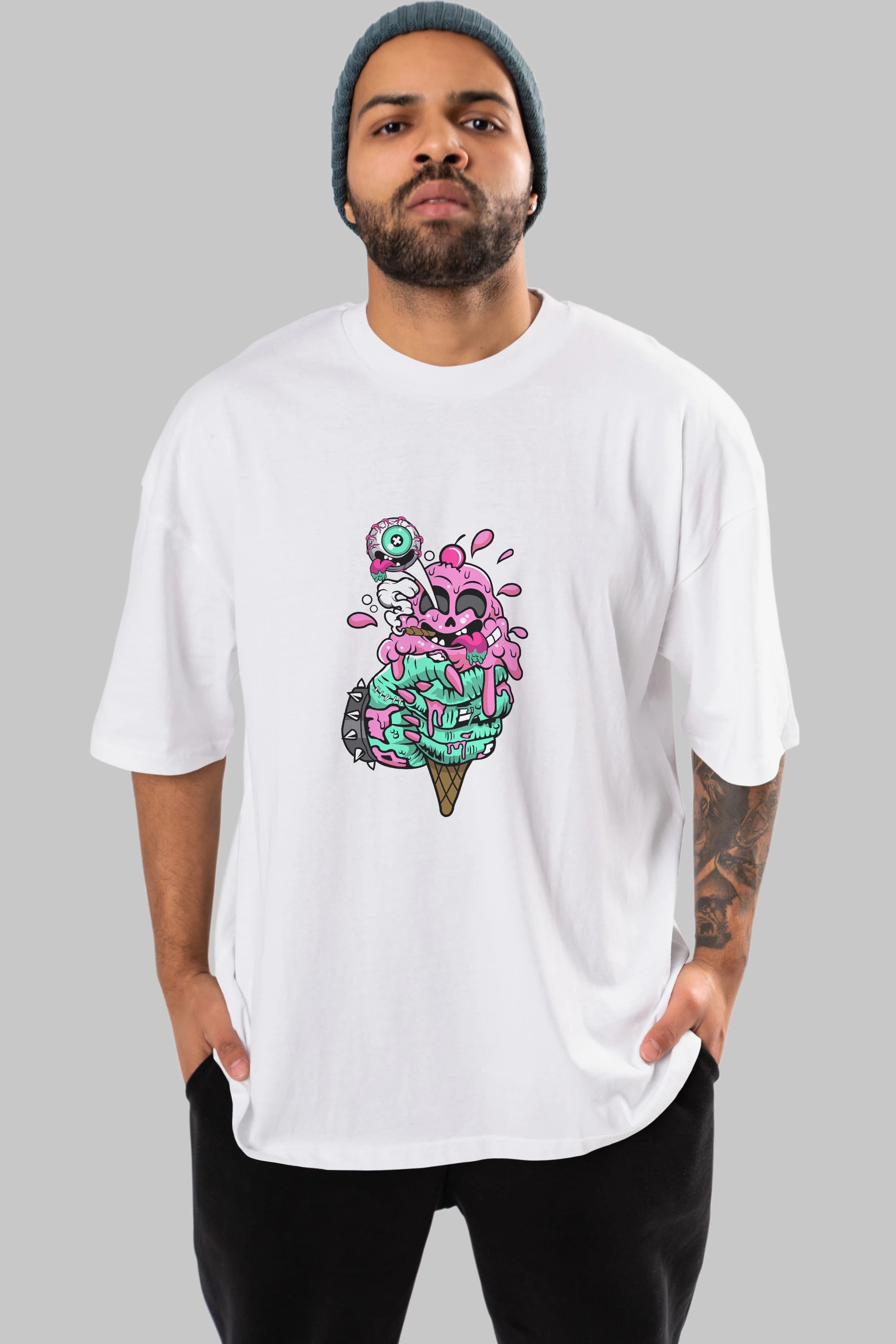 Ice Cream Zombie Ön Baskılı Oversize t-shirt Erkek Kadın Unisex %100 Pamuk tişort